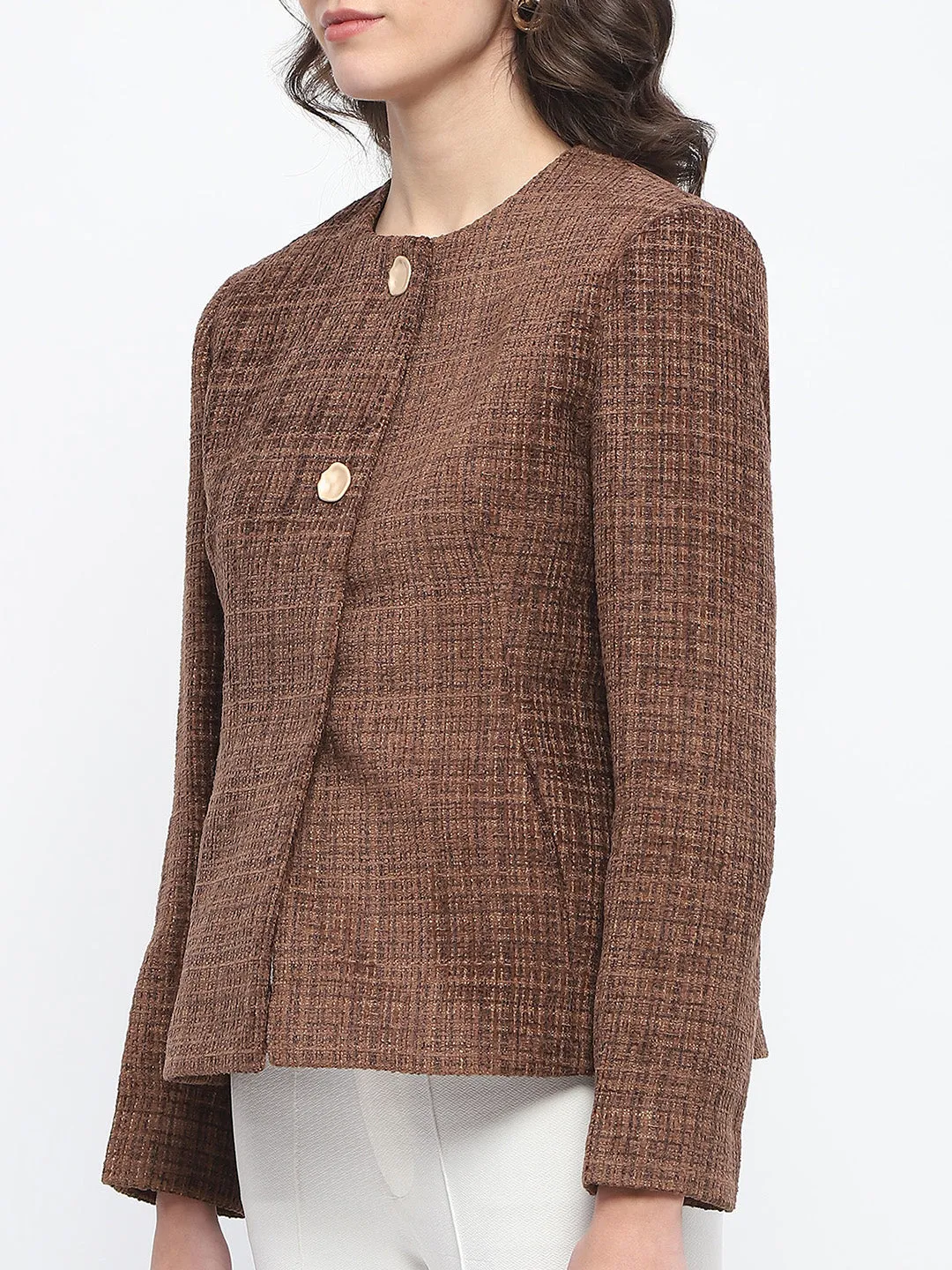Madame Textured Buttoned Brown Short Coat