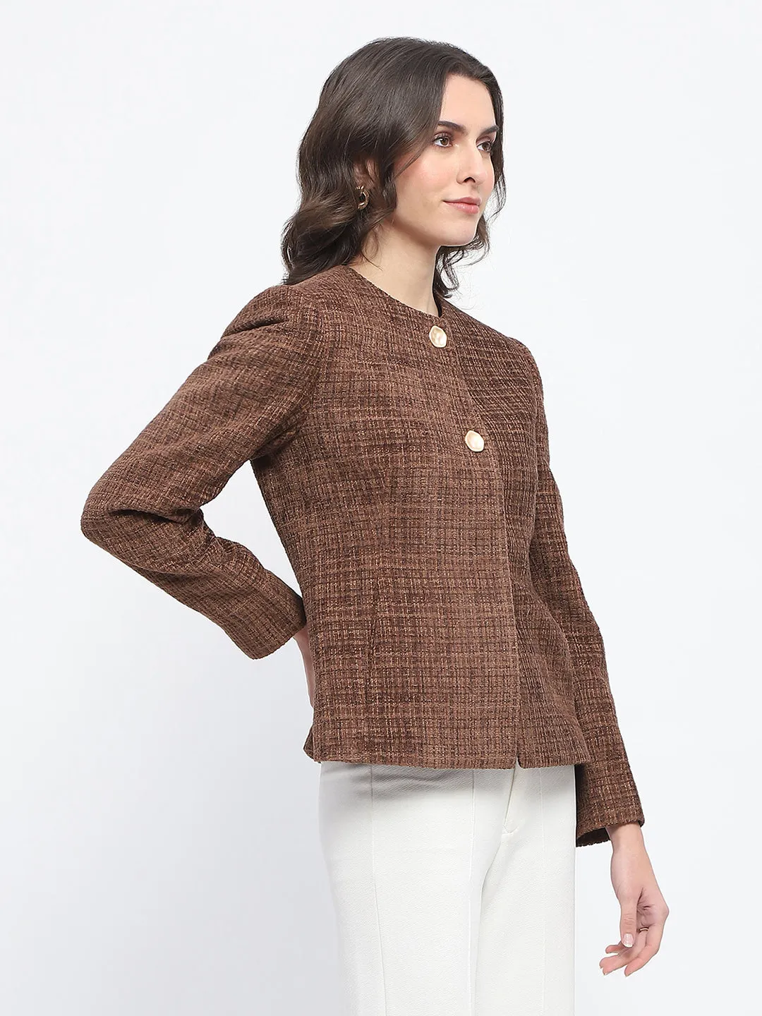 Madame Textured Buttoned Brown Short Coat