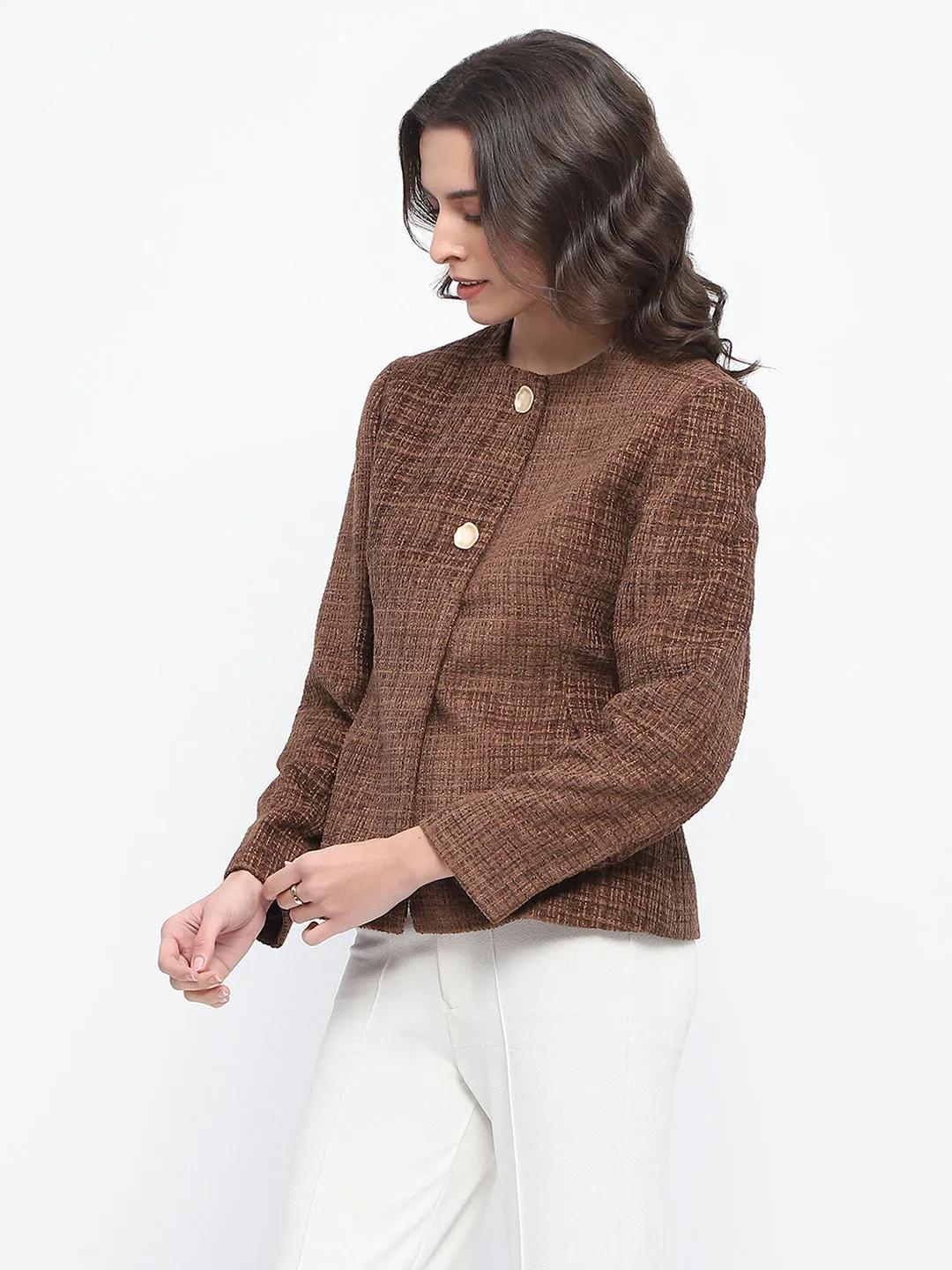 Madame Textured Buttoned Brown Short Coat