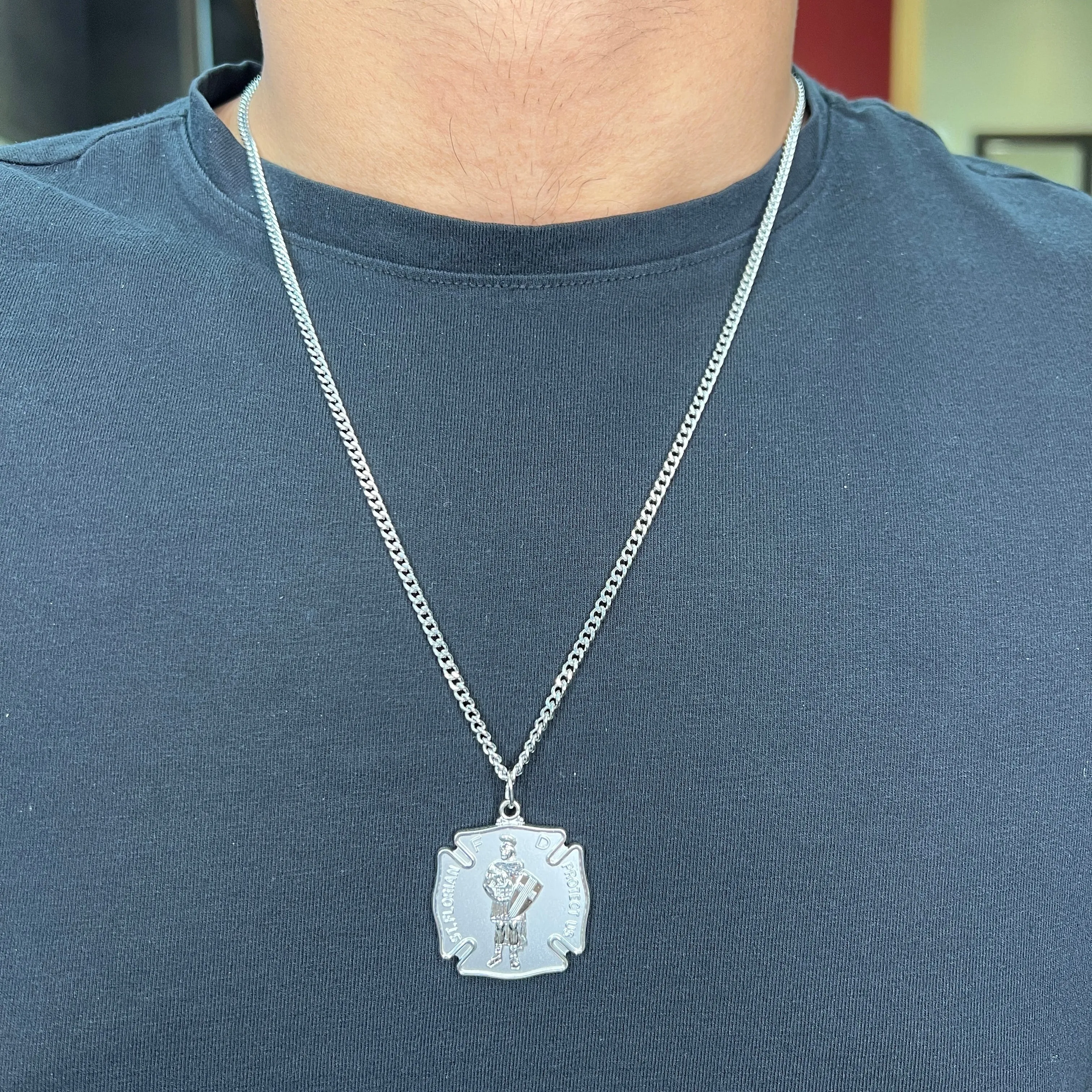 Marathon Stainless Steel St. Florian Medal Necklace 24"