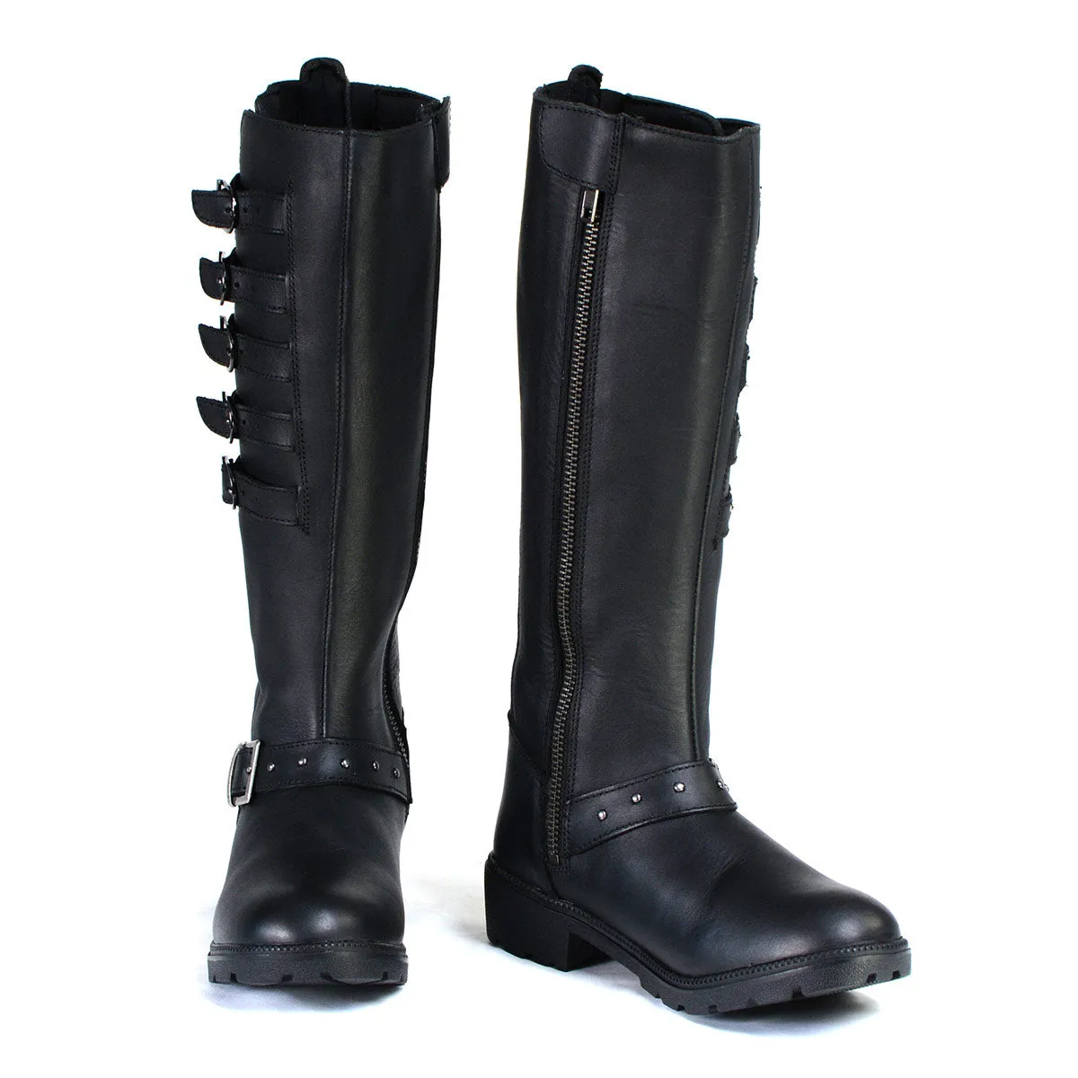 MBL9395 Women's Black 17-Inch Side Strap Riding Leather Boots with Side Zipper