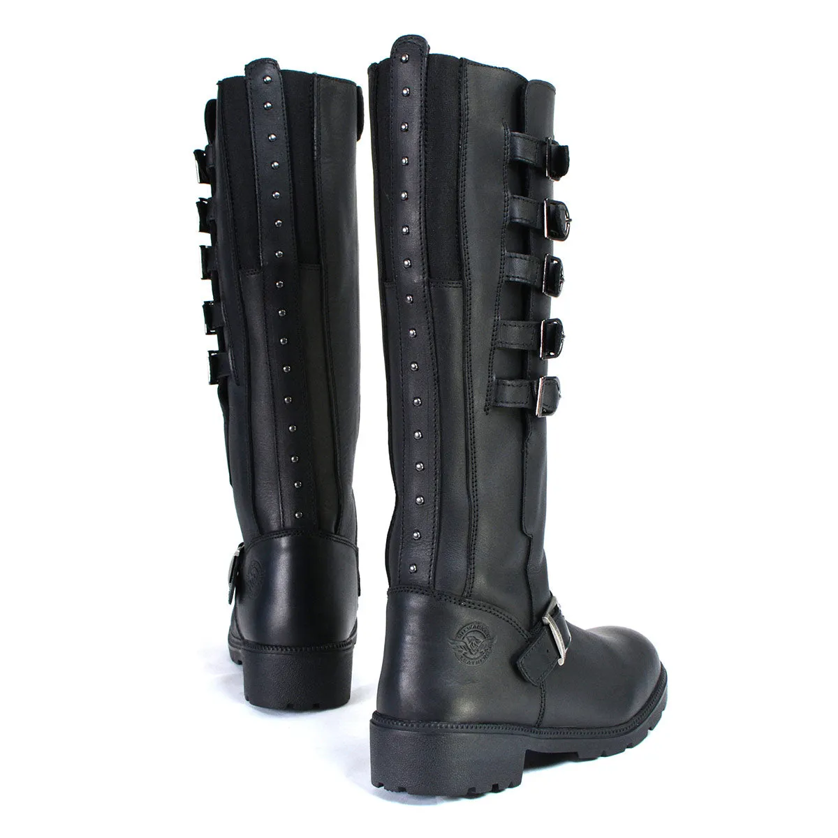 MBL9395 Women's Black 17-Inch Side Strap Riding Leather Boots with Side Zipper
