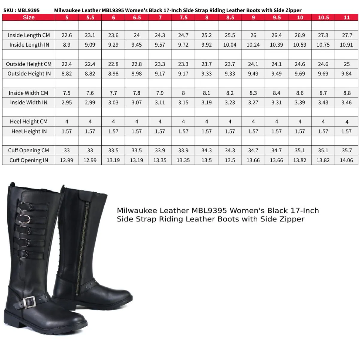 MBL9395 Women's Black 17-Inch Side Strap Riding Leather Boots with Side Zipper