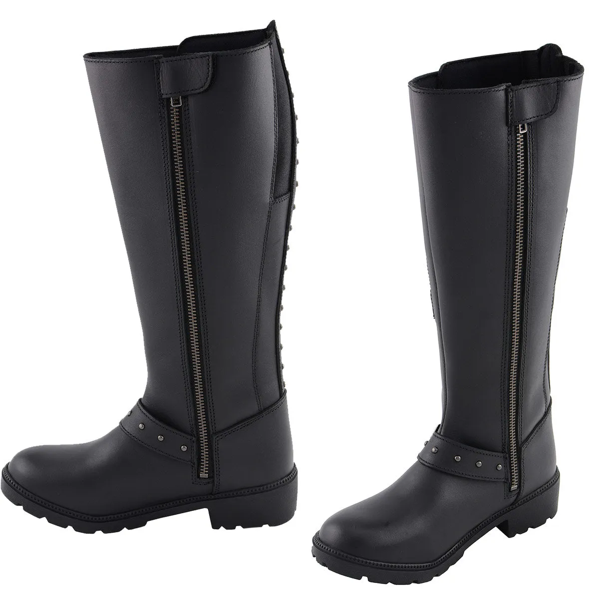 MBL9395 Women's Black 17-Inch Side Strap Riding Leather Boots with Side Zipper