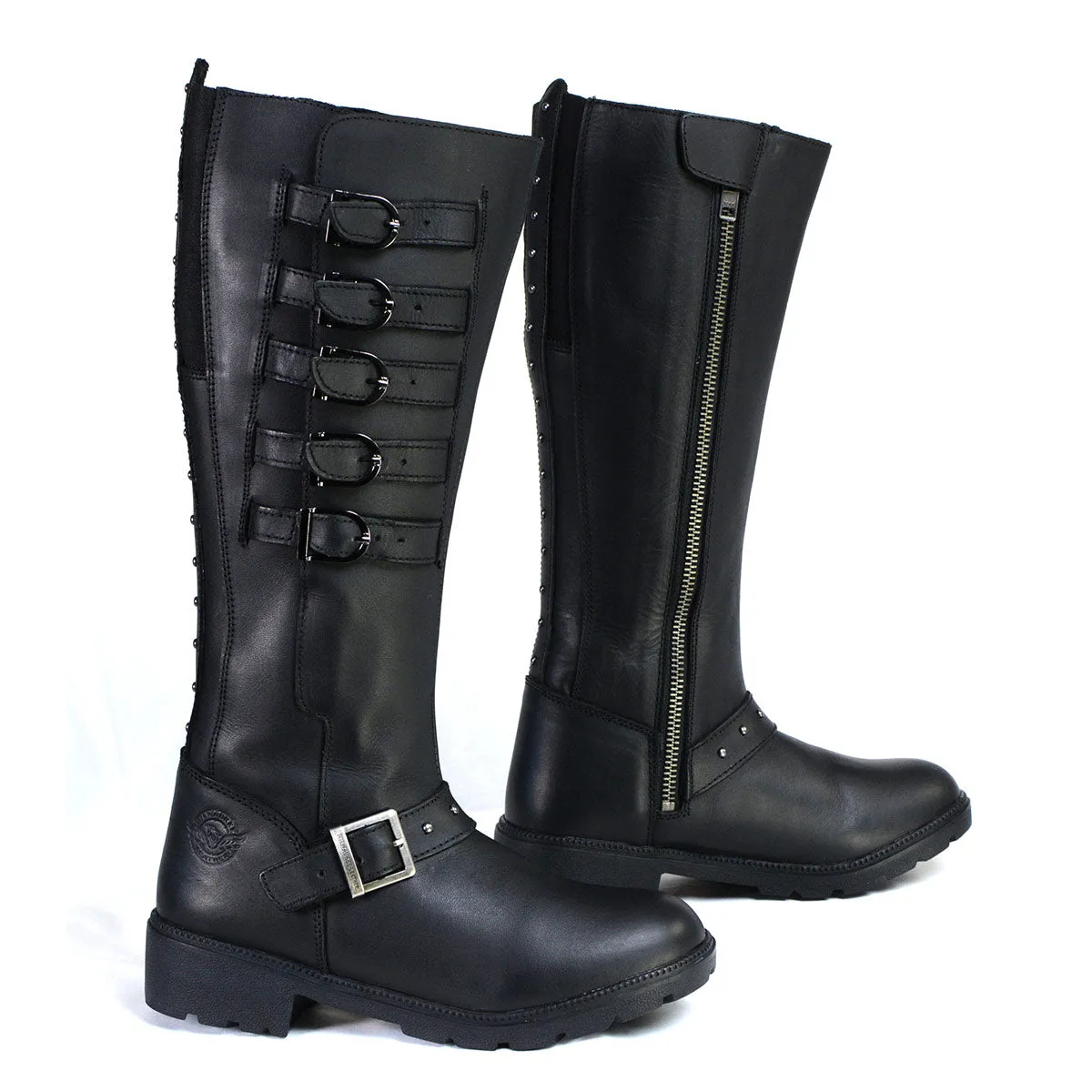 MBL9395 Women's Black 17-Inch Side Strap Riding Leather Boots with Side Zipper