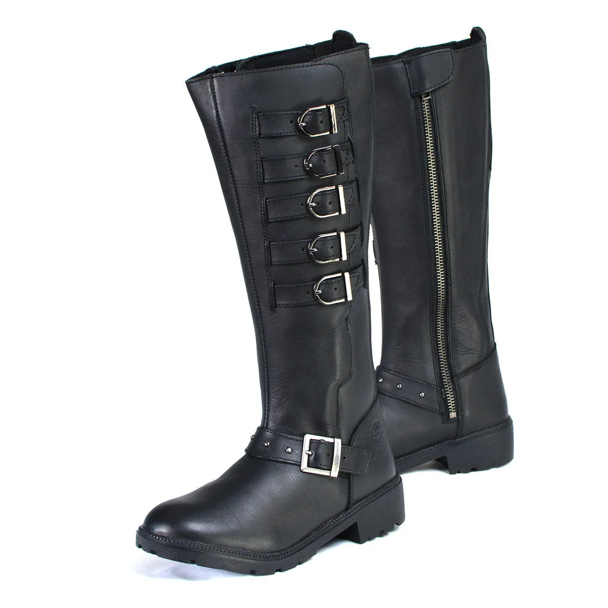 MBL9395 Women's Black 17-Inch Side Strap Riding Leather Boots with Side Zipper