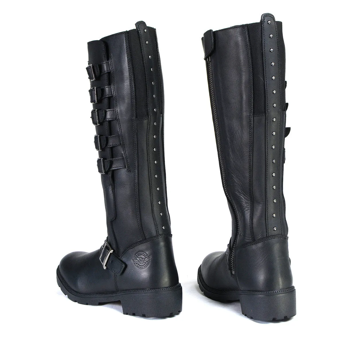 MBL9395 Women's Black 17-Inch Side Strap Riding Leather Boots with Side Zipper