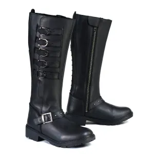 MBL9395 Women's Black 17-Inch Side Strap Riding Leather Boots with Side Zipper