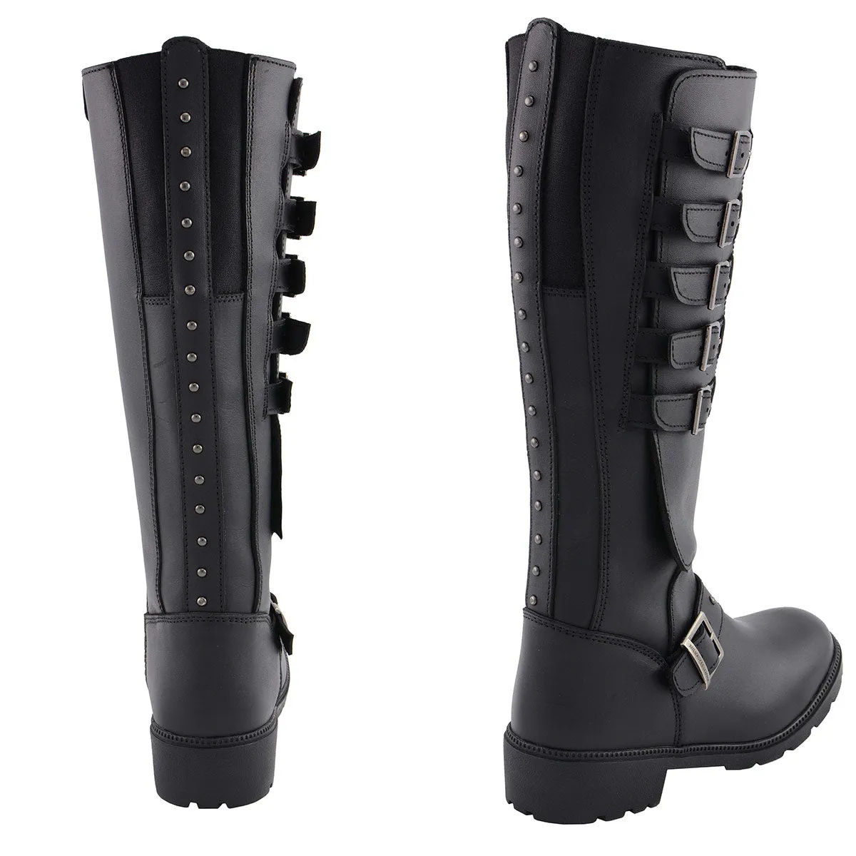 MBL9395 Women's Black 17-Inch Side Strap Riding Leather Boots with Side Zipper