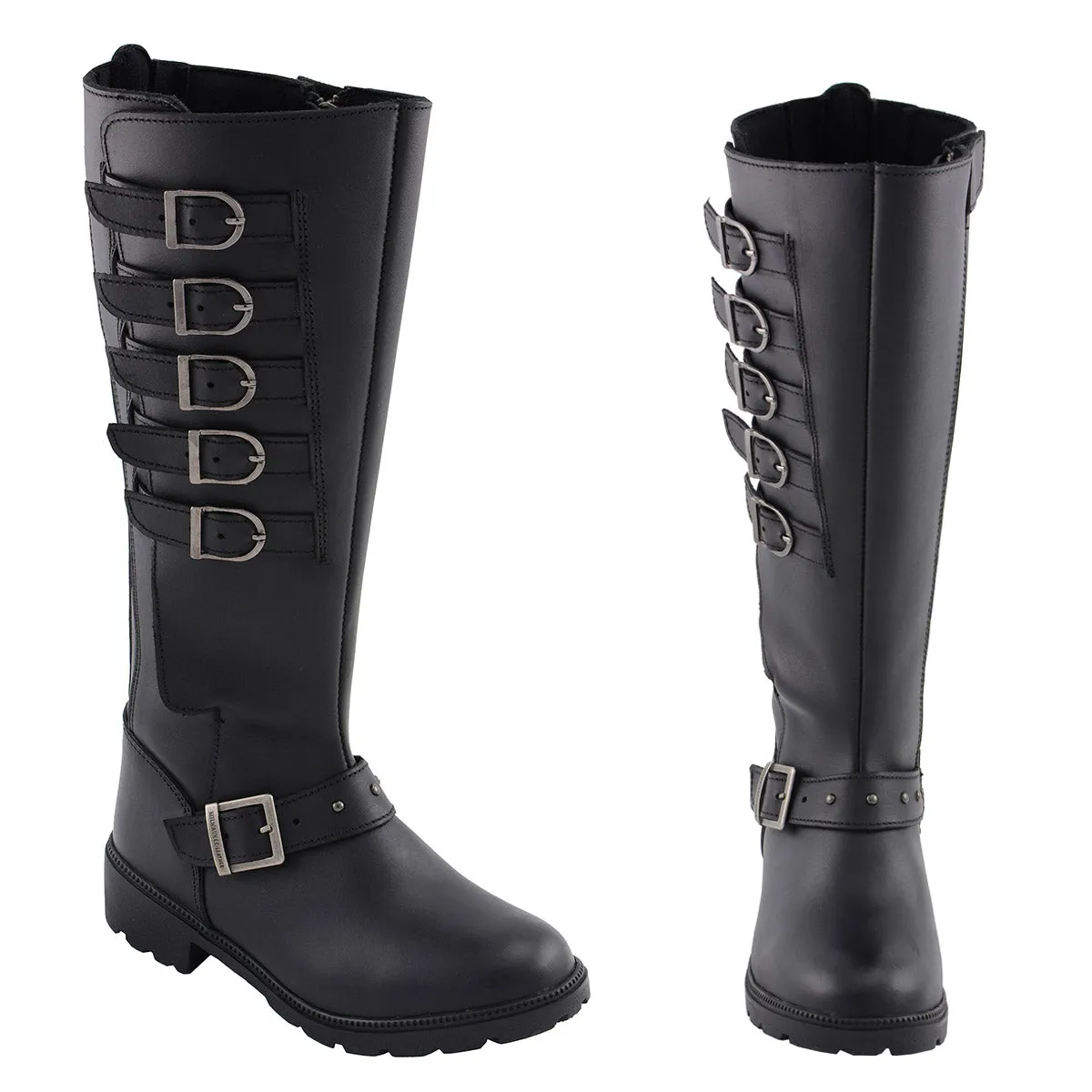 MBL9395 Women's Black 17-Inch Side Strap Riding Leather Boots with Side Zipper