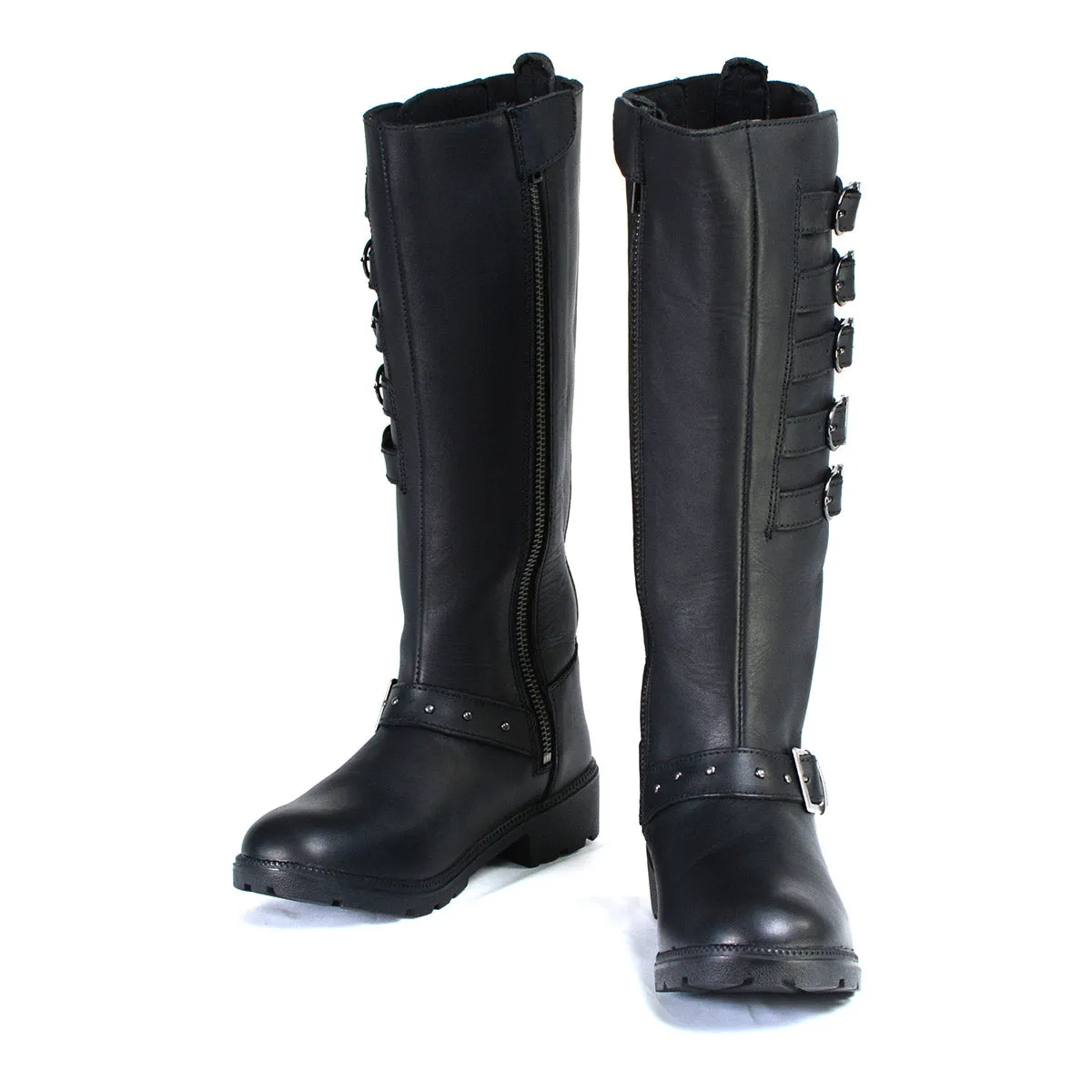 MBL9395 Women's Black 17-Inch Side Strap Riding Leather Boots with Side Zipper