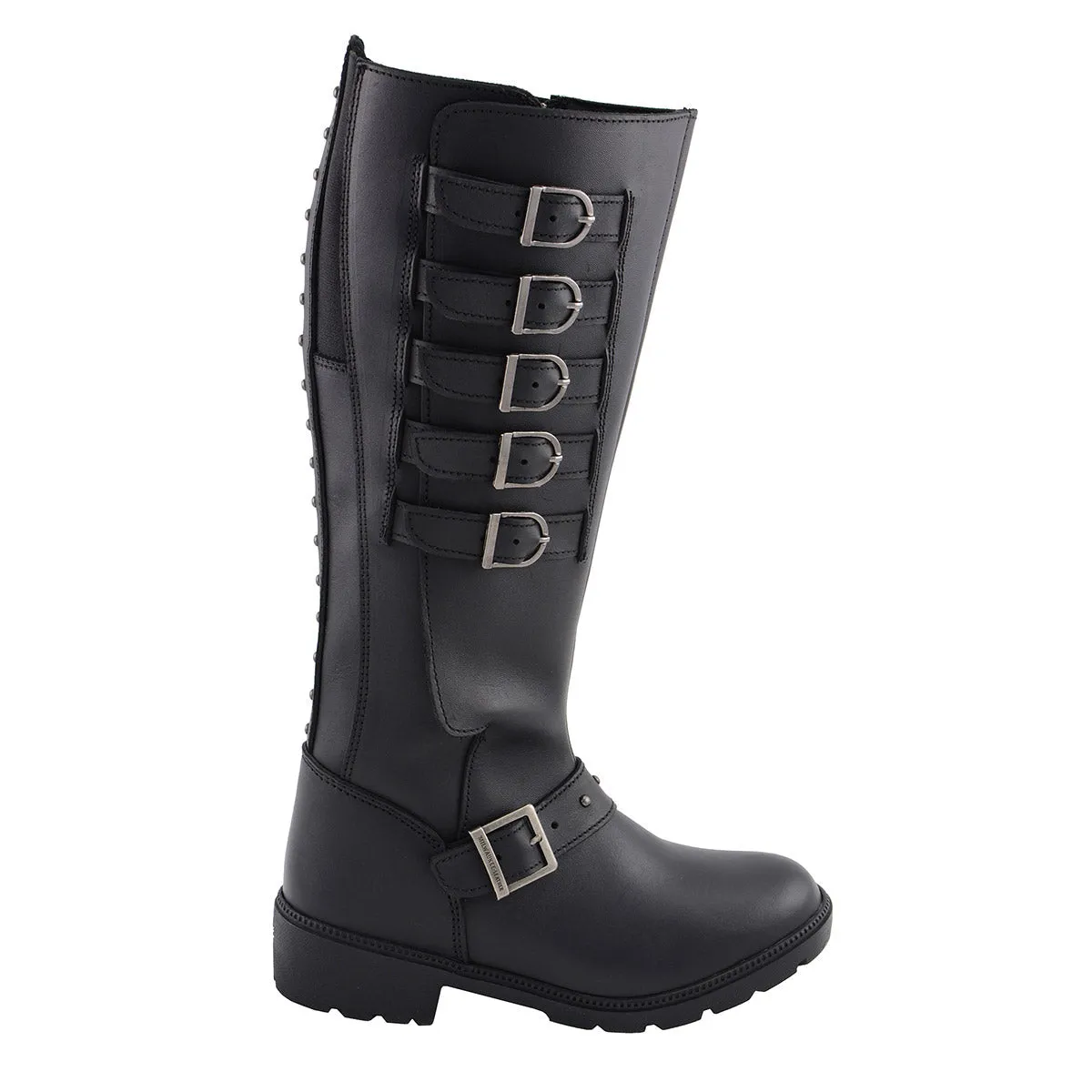 MBL9395 Women's Black 17-Inch Side Strap Riding Leather Boots with Side Zipper