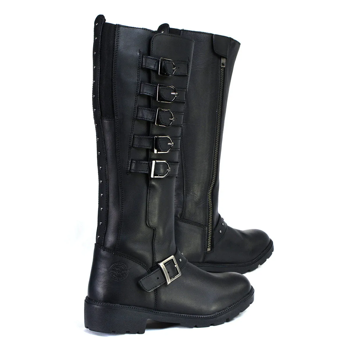 MBL9395 Women's Black 17-Inch Side Strap Riding Leather Boots with Side Zipper