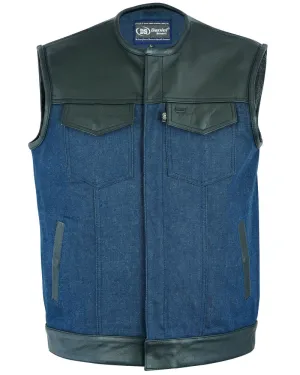 Men's Leather/Denim Combo Vest (Black/Broken Blue)