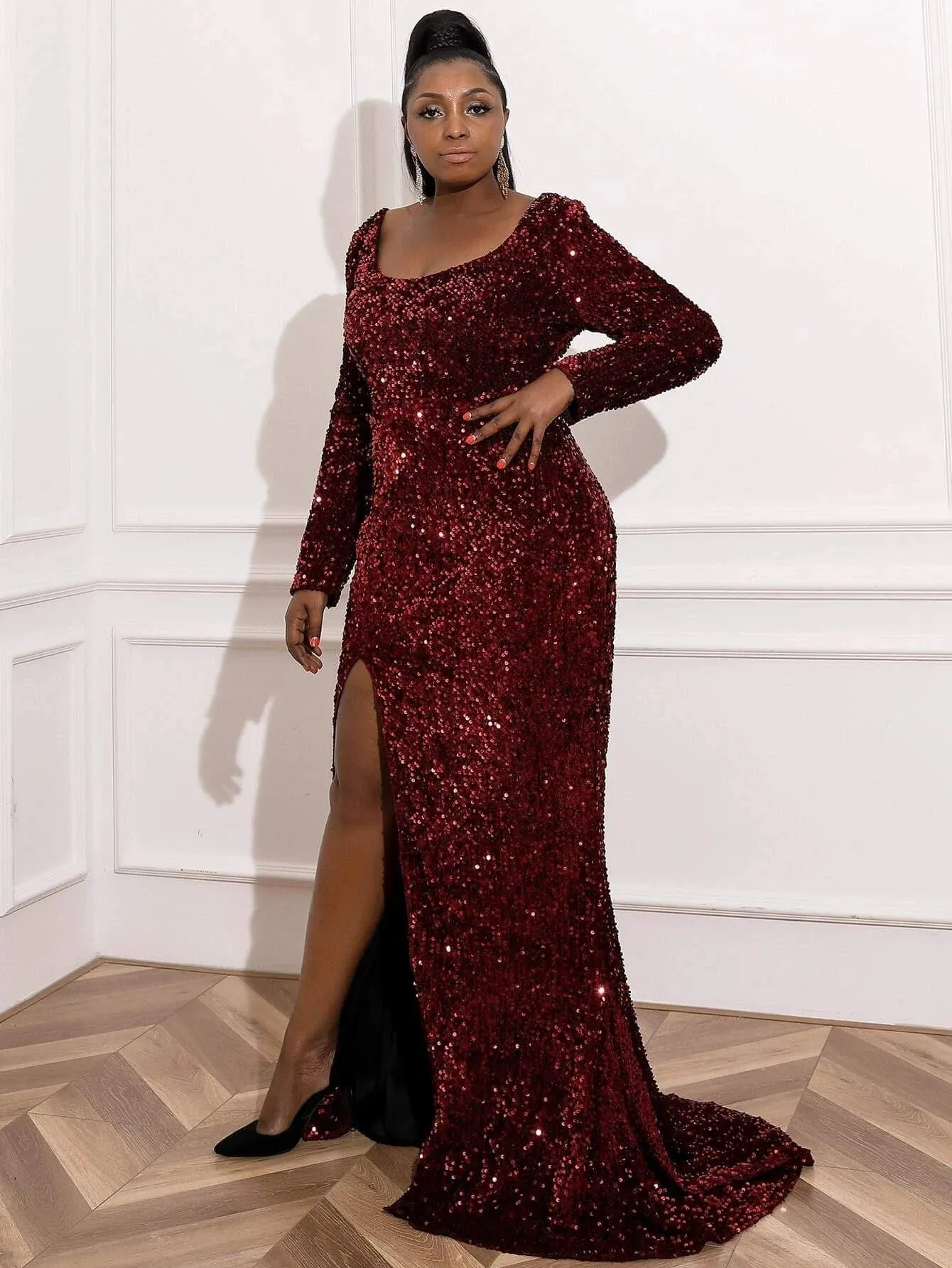 Missord Plus Split Thigh Sequin Prom Dress P0015