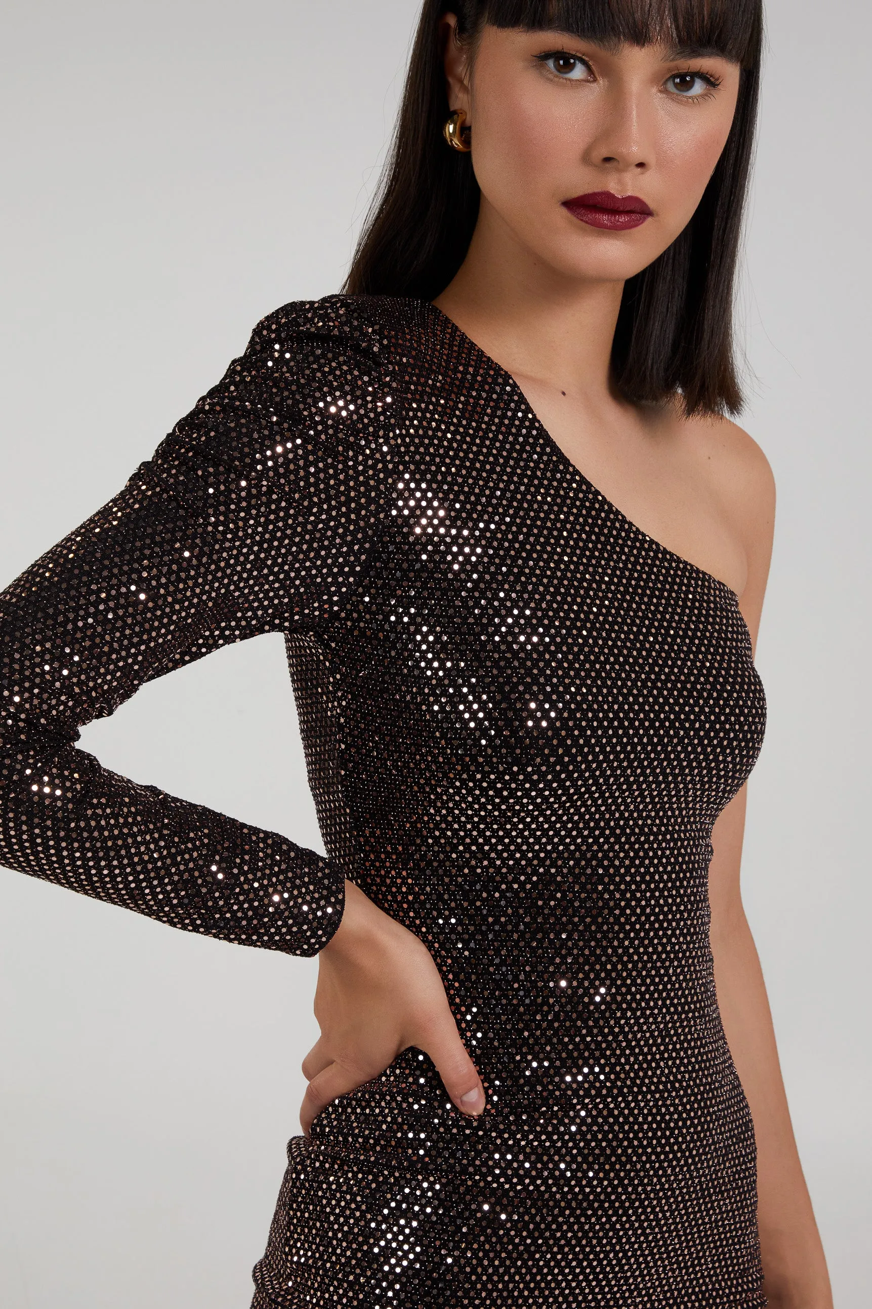 One Shoulder Ruched Sleeve Sparkle Dress