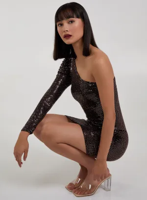 One Shoulder Ruched Sleeve Sparkle Dress