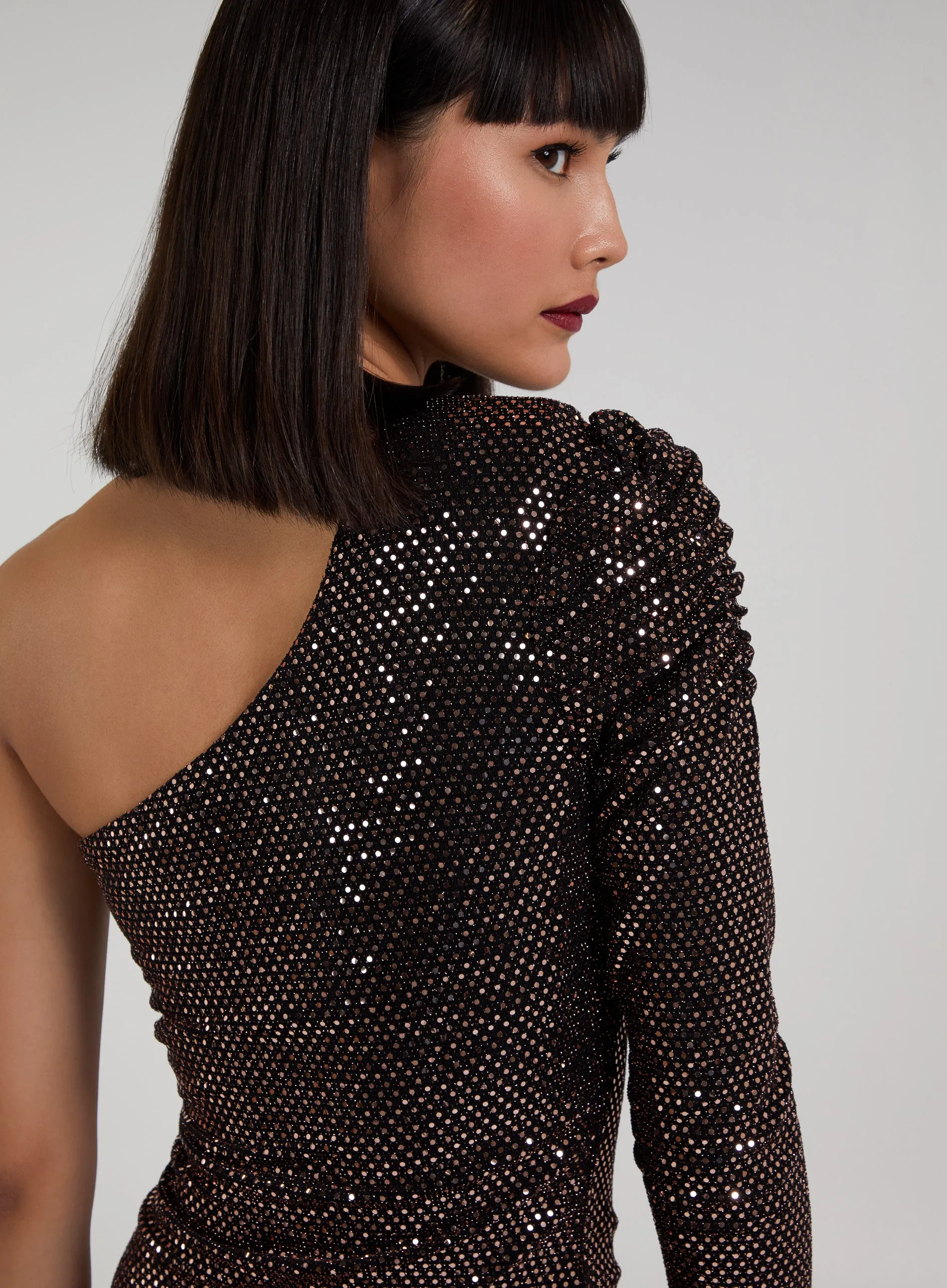One Shoulder Ruched Sleeve Sparkle Dress