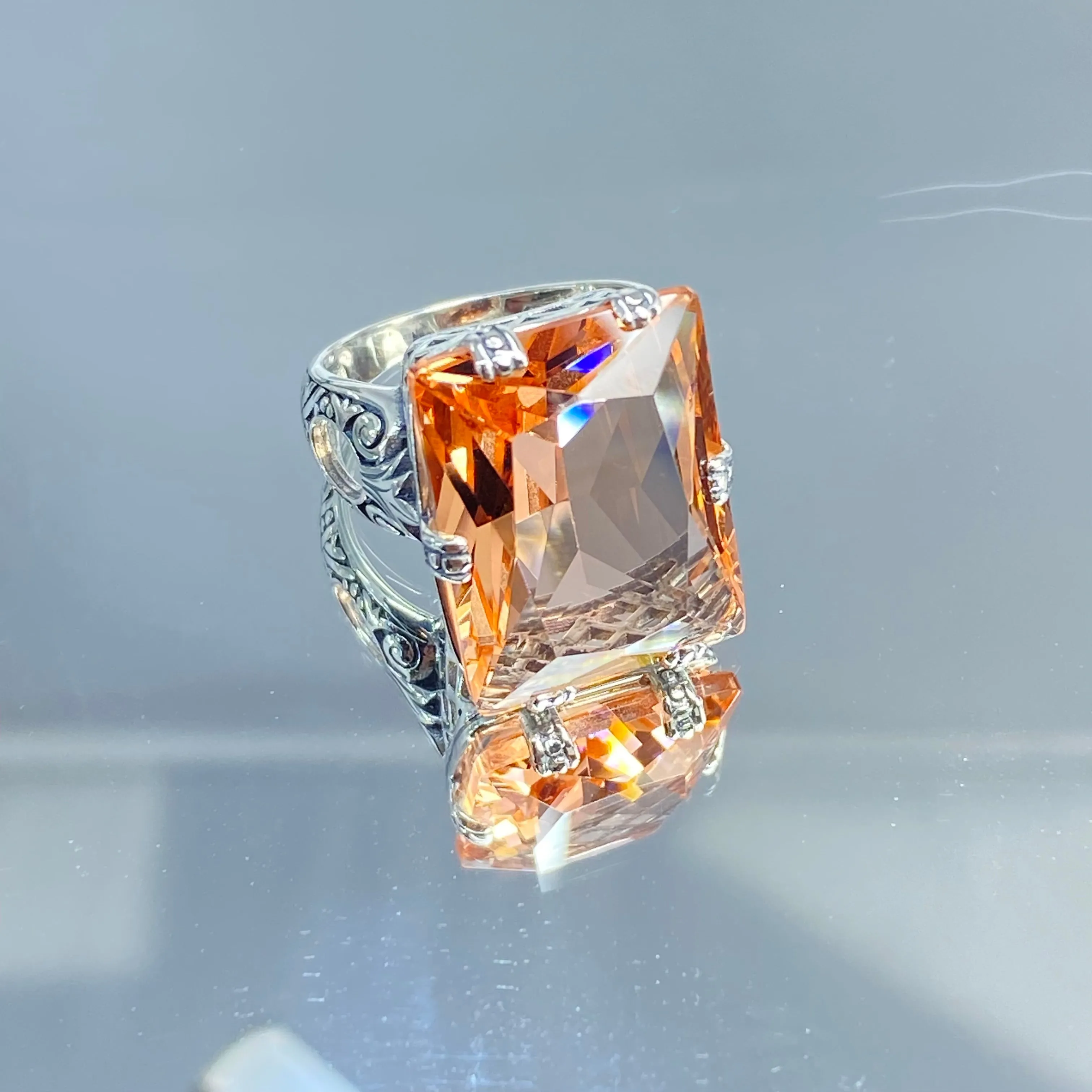 Peach CZ Ring, 6 Prong Ring, 30ct Art Deco Ring, Vintage Jewelry #D104