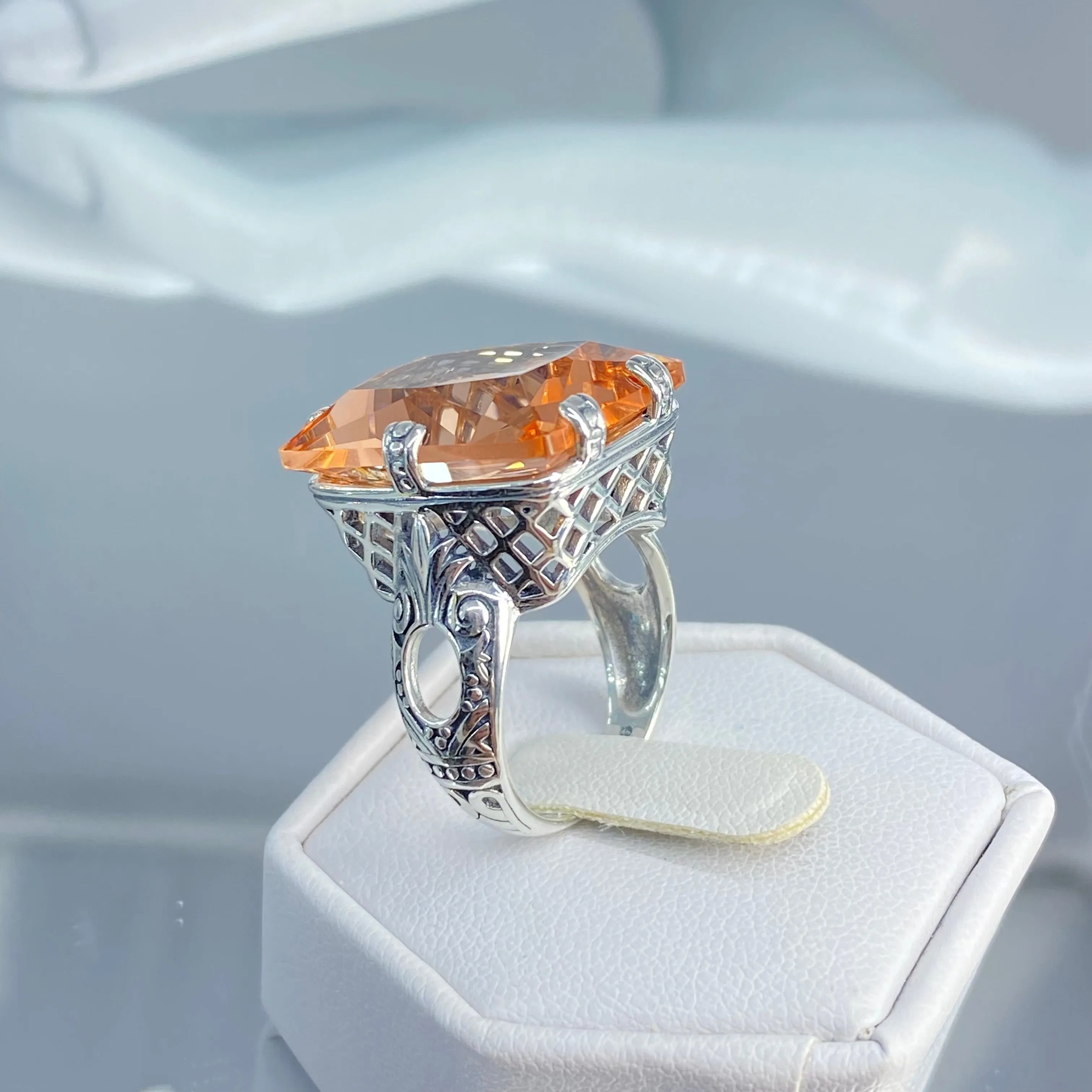 Peach CZ Ring, 6 Prong Ring, 30ct Art Deco Ring, Vintage Jewelry #D104