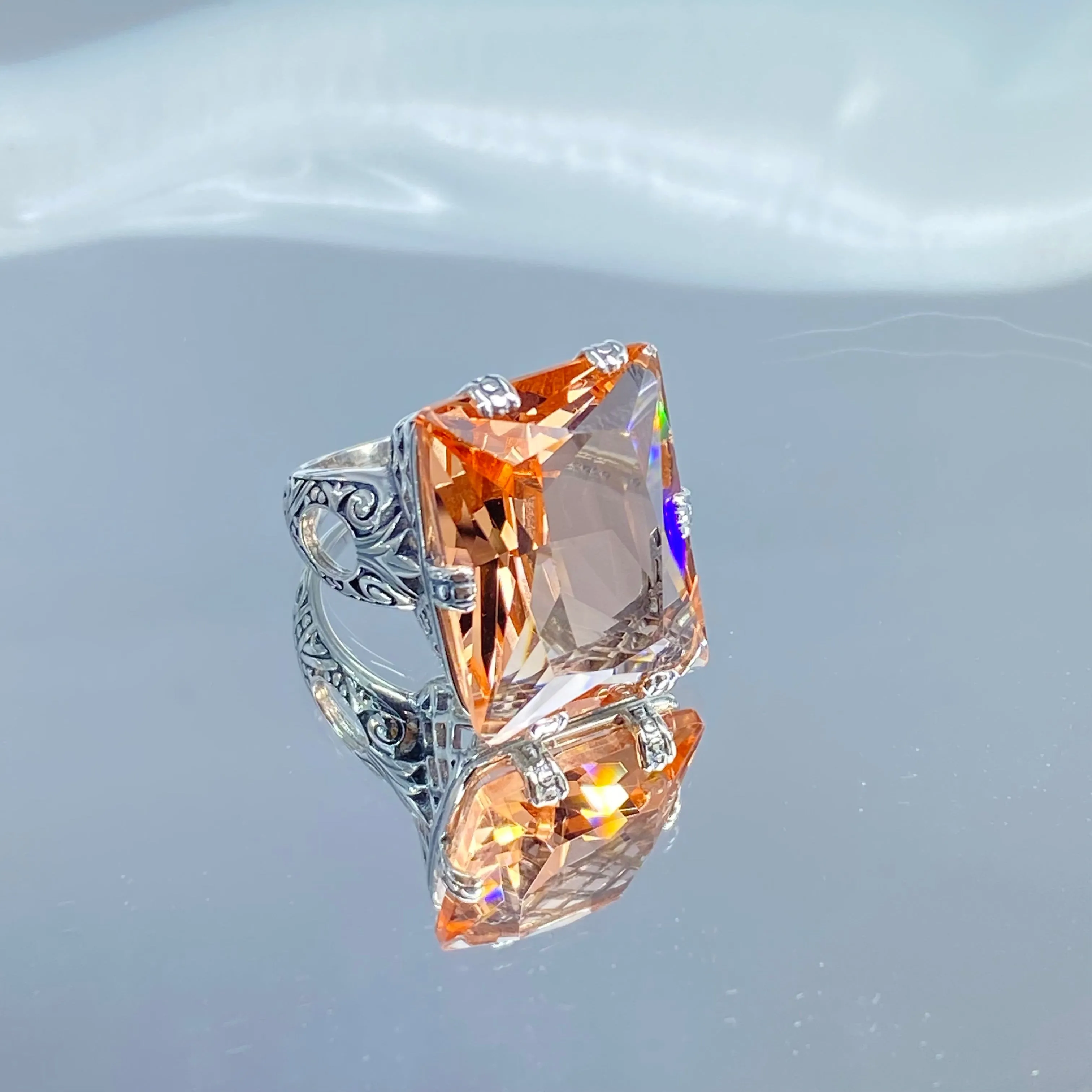 Peach CZ Ring, 6 Prong Ring, 30ct Art Deco Ring, Vintage Jewelry #D104