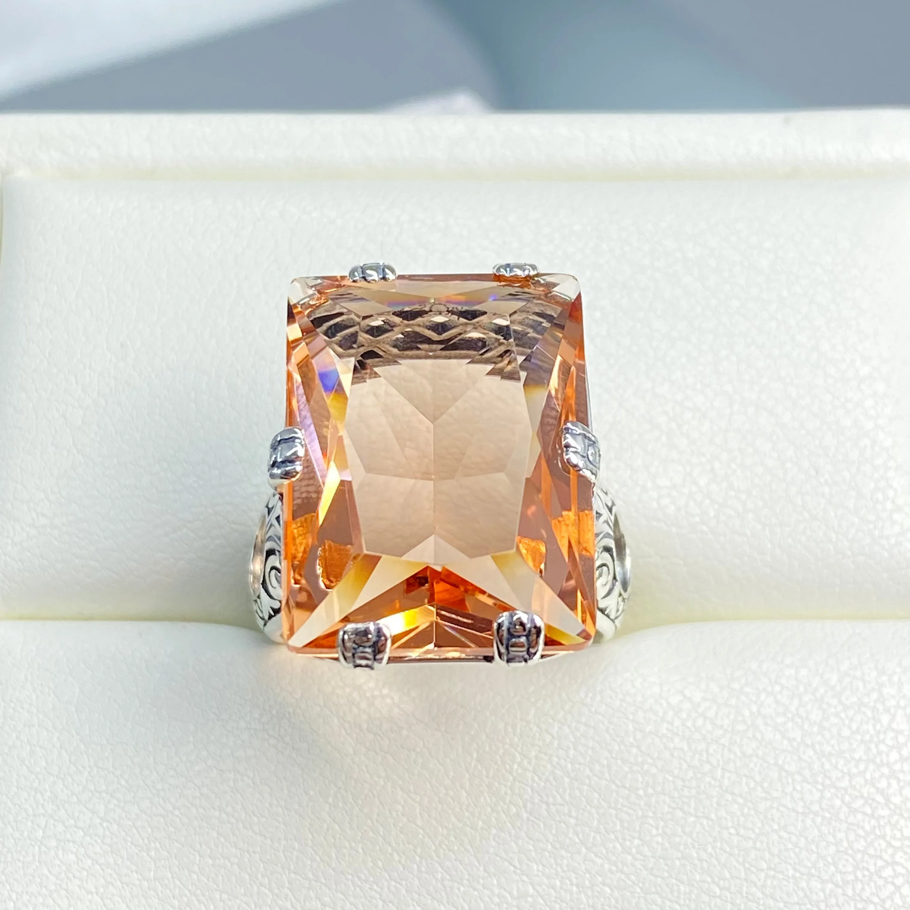 Peach CZ Ring, 6 Prong Ring, 30ct Art Deco Ring, Vintage Jewelry #D104