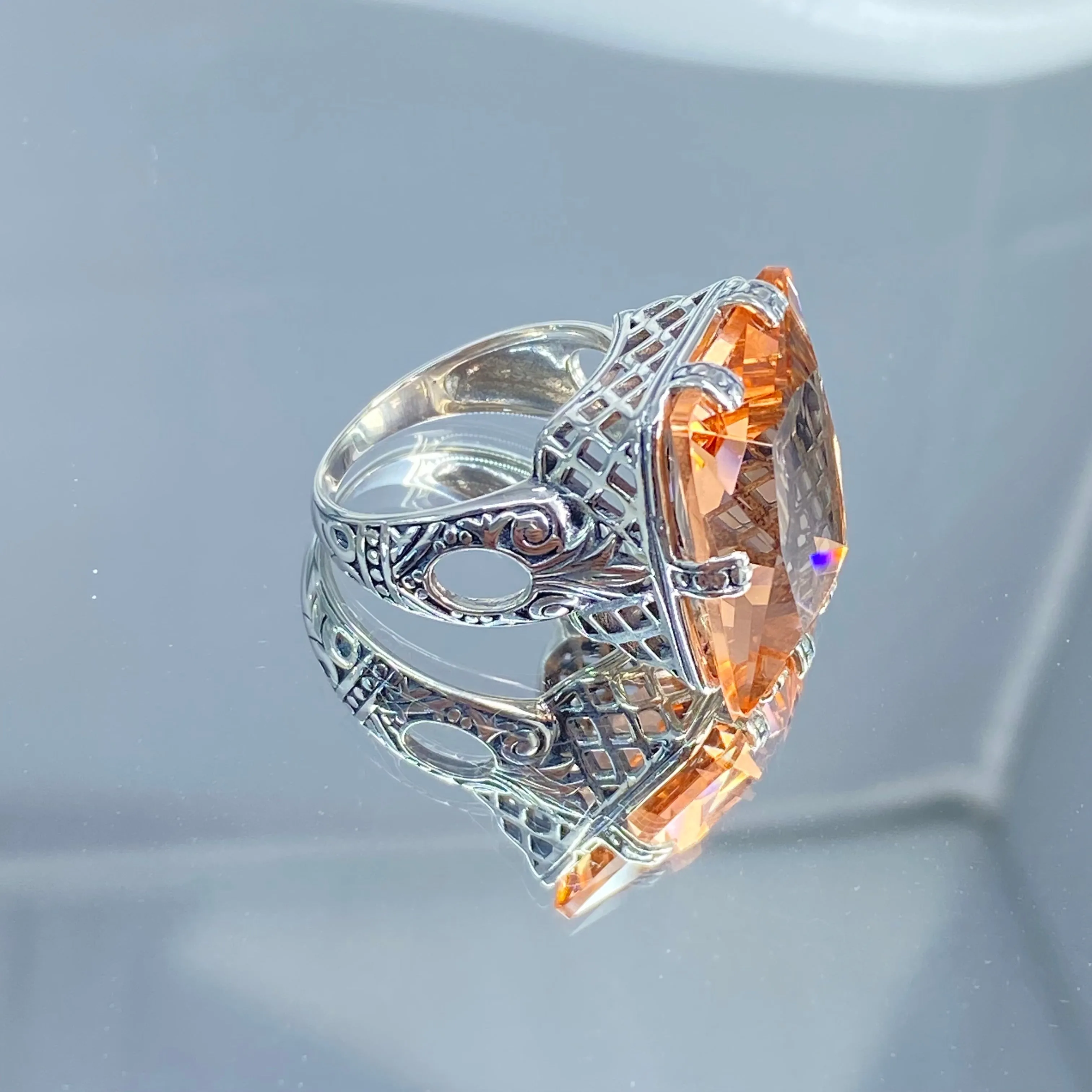 Peach CZ Ring, 6 Prong Ring, 30ct Art Deco Ring, Vintage Jewelry #D104