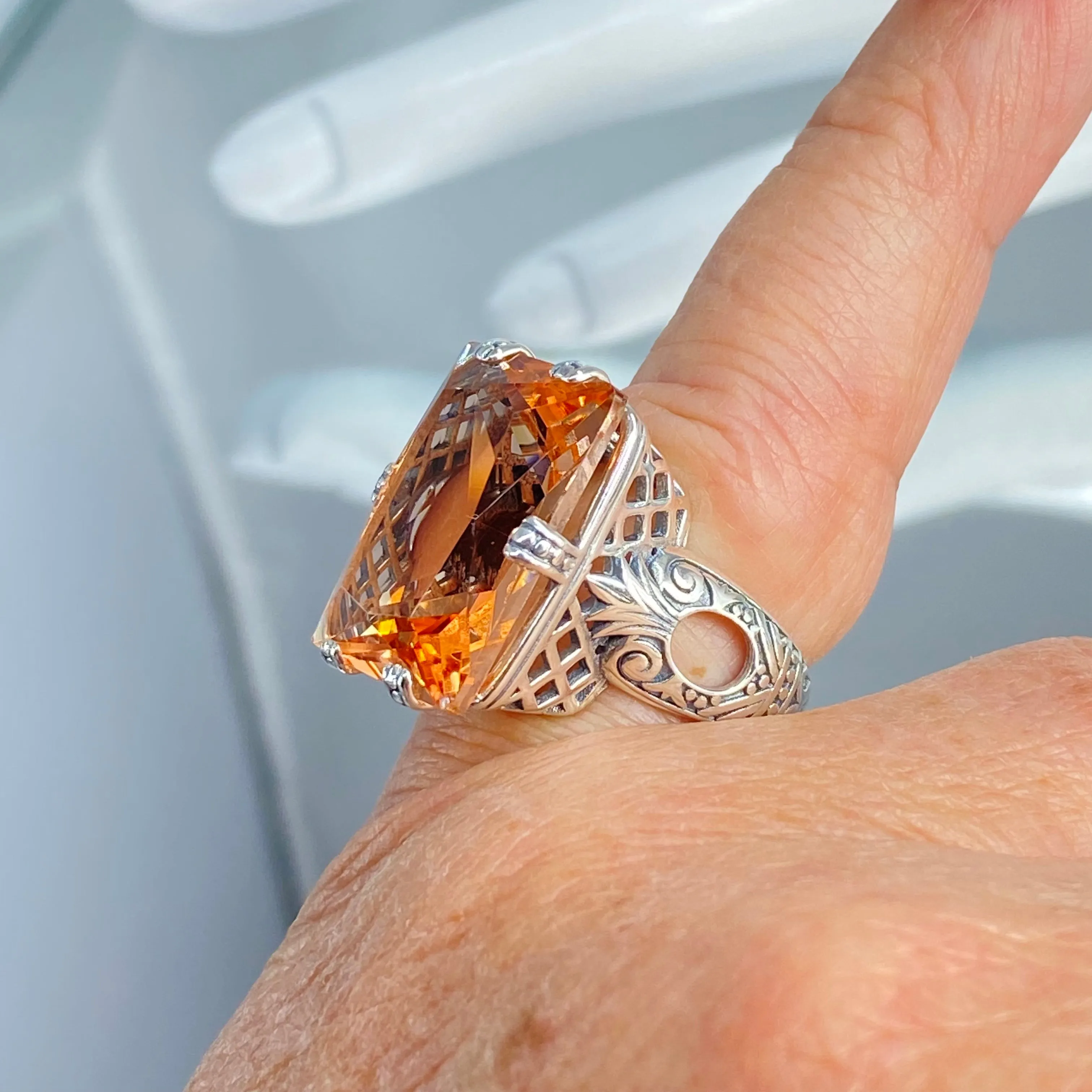 Peach CZ Ring, 6 Prong Ring, 30ct Art Deco Ring, Vintage Jewelry #D104