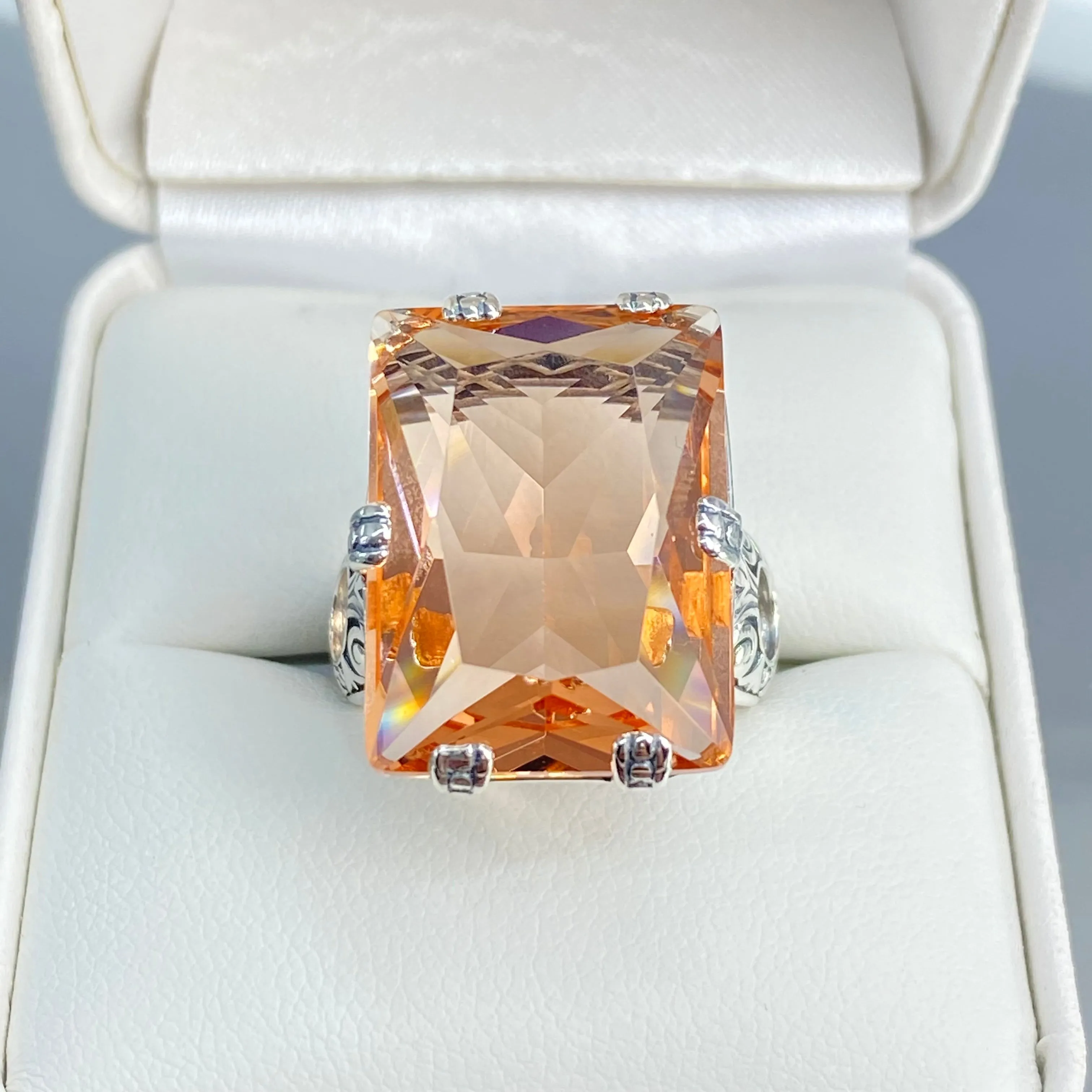 Peach CZ Ring, Size 7, Six Prong Ring, 30ct Art Deco Ring, Vintage Jewelry #D104 - Ready to Ship