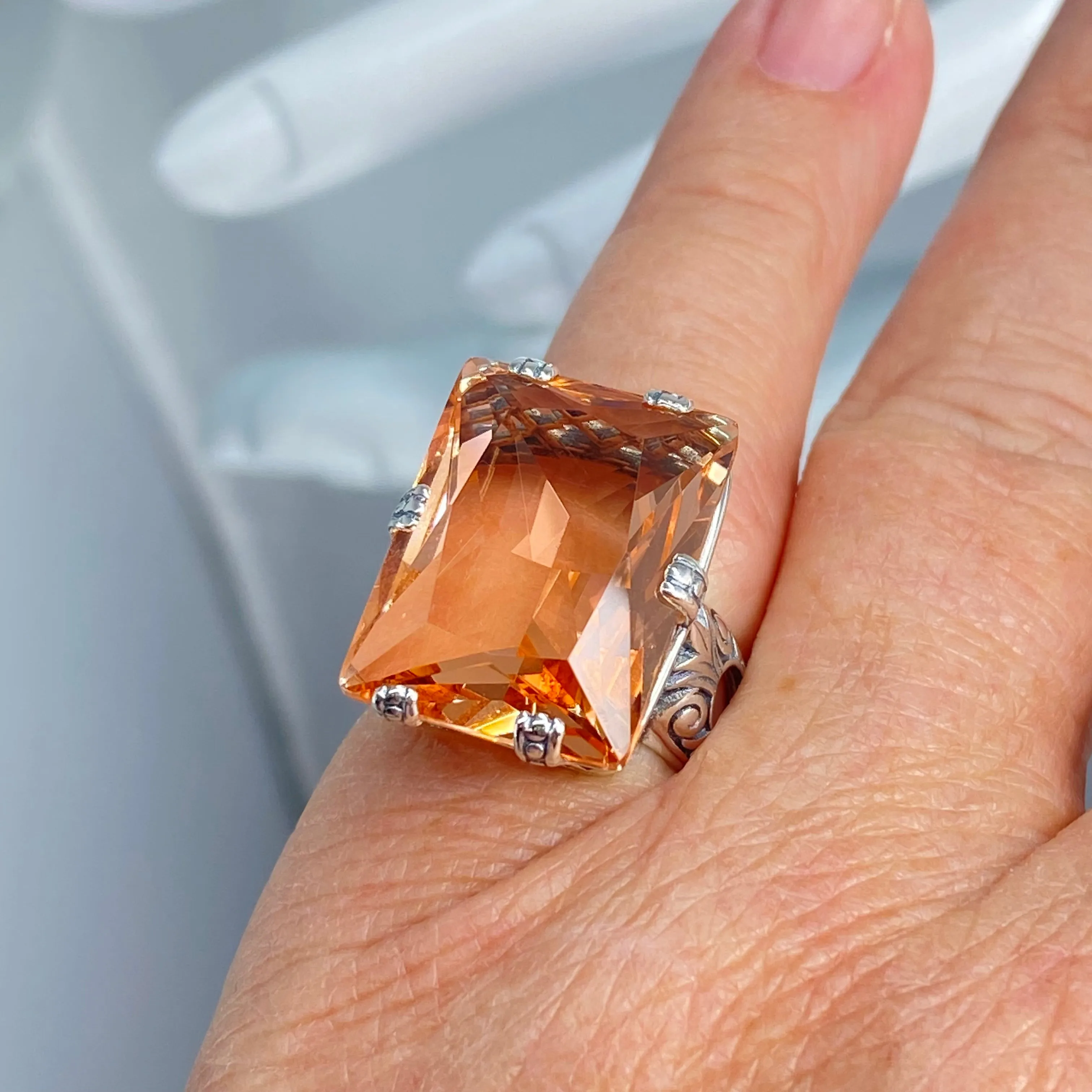 Peach CZ Ring, Size 7, Six Prong Ring, 30ct Art Deco Ring, Vintage Jewelry #D104 - Ready to Ship