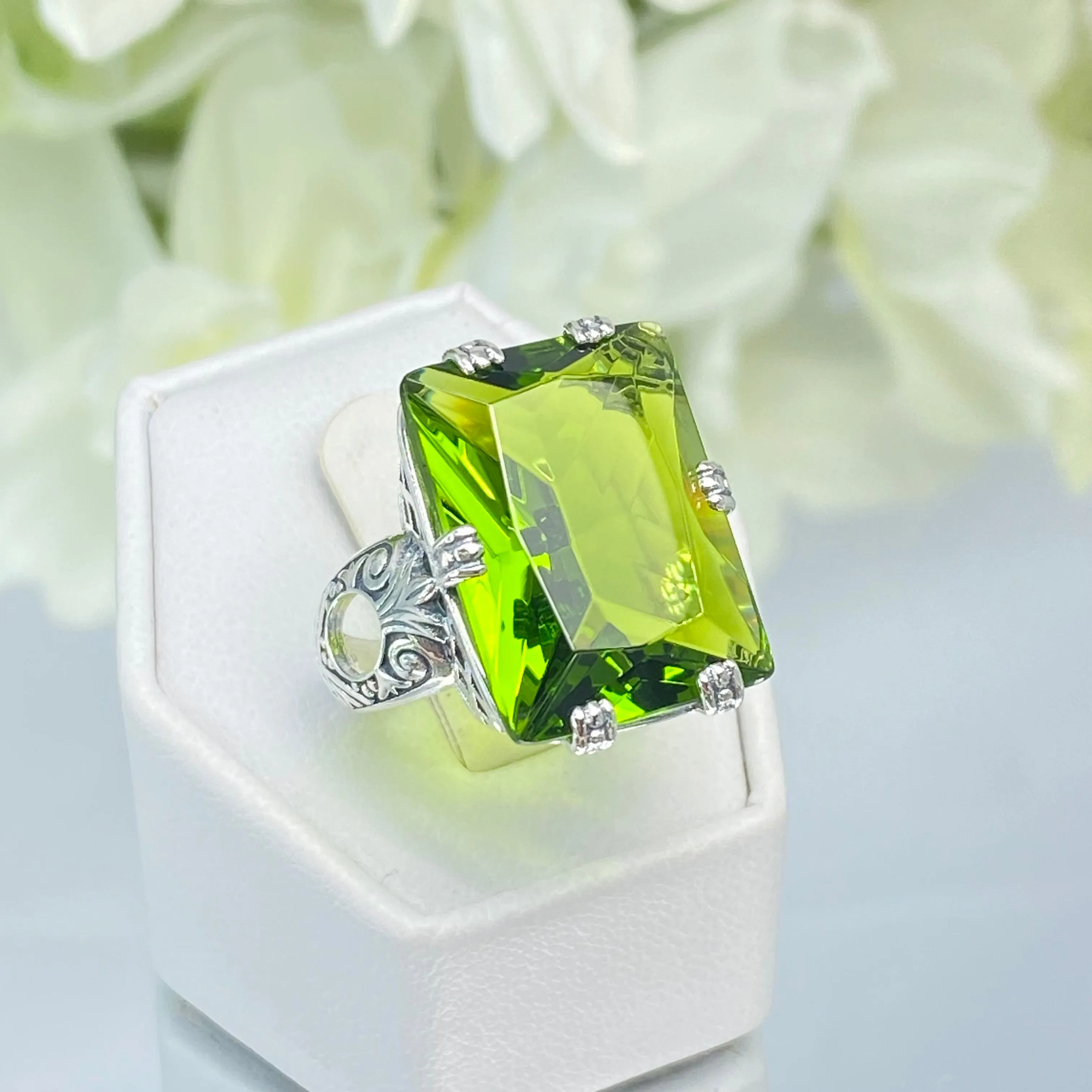 Peridot Ring, Size 8, 6 Prong Ring, 30ct Art Deco Ring, Vintage Jewelry #D104 - Ready to Ship