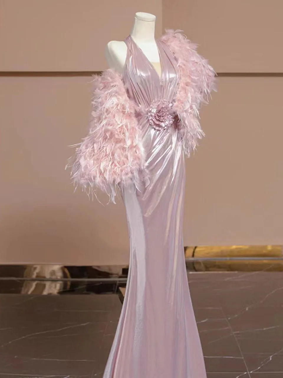 Pink Pleated V Neck Retro Fishtail Dress With Shawl