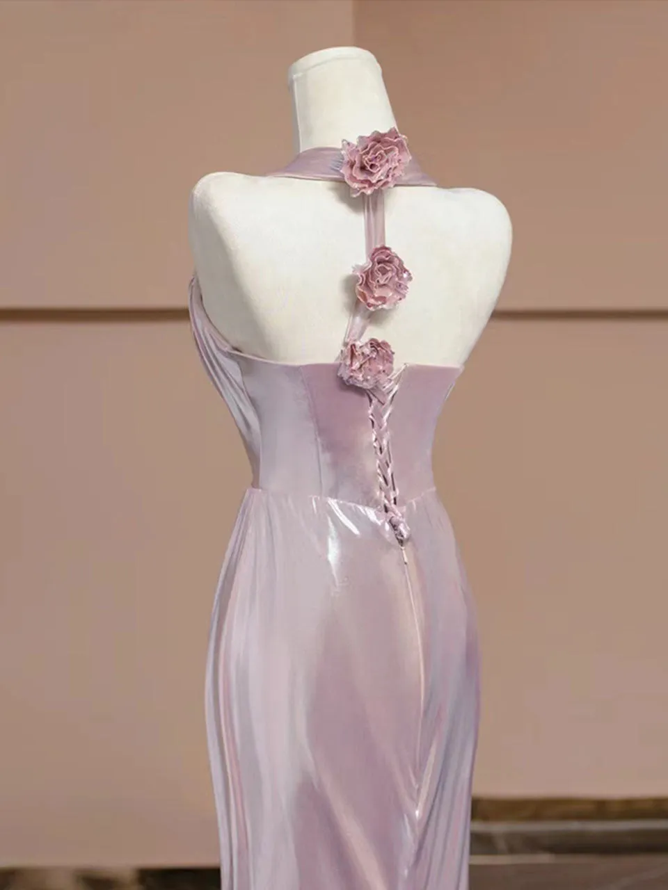 Pink Pleated V Neck Retro Fishtail Dress With Shawl