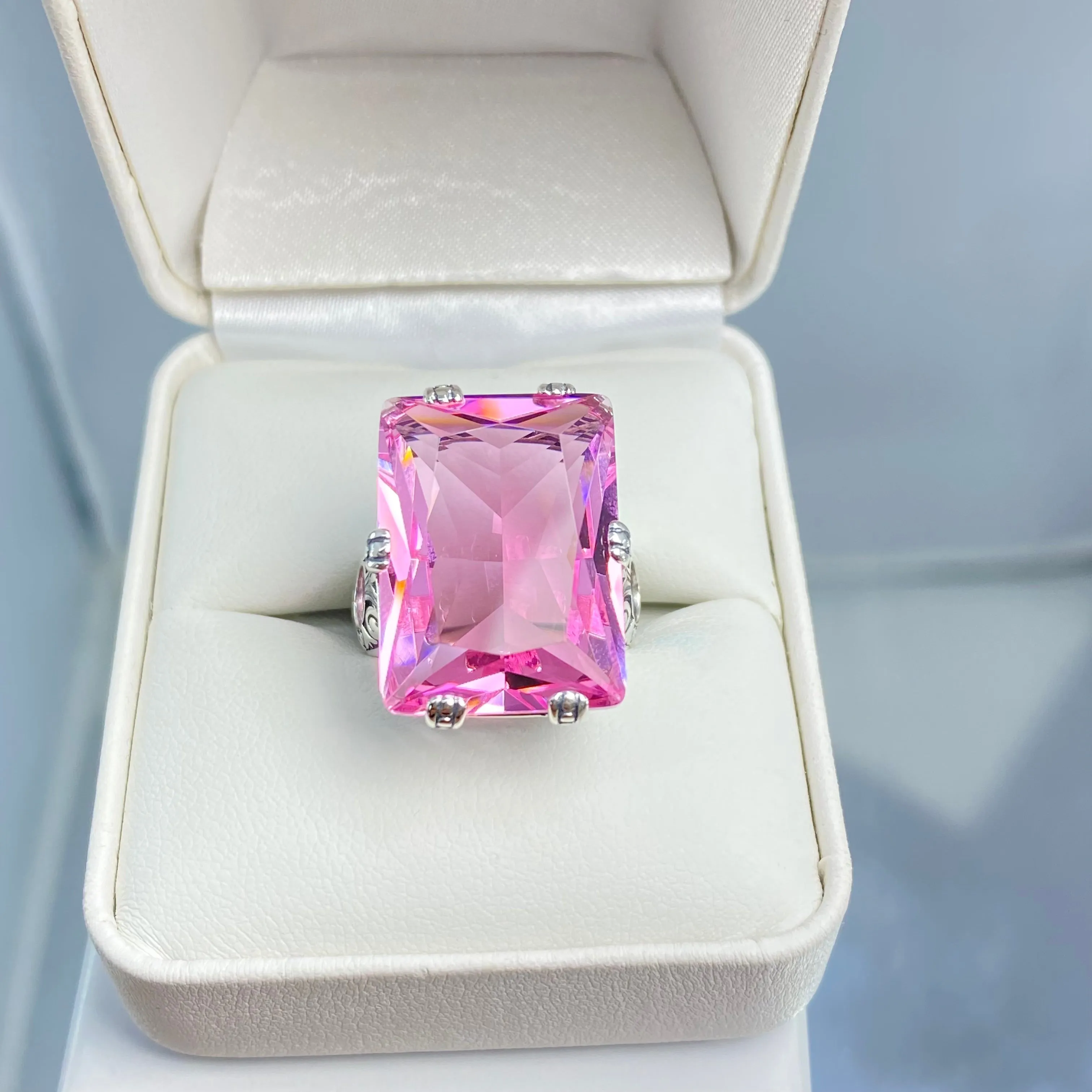 Pink Topaz Ring, Size 6, Six Prong Ring, 30ct Art Deco Ring, Vintage Jewelry #D104 - Ready to Ship