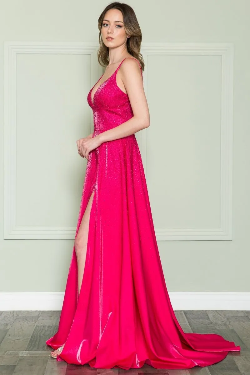 Poly USA 8922 Floor Length Spaghetti Strap Iridescent Rhinestones Dress