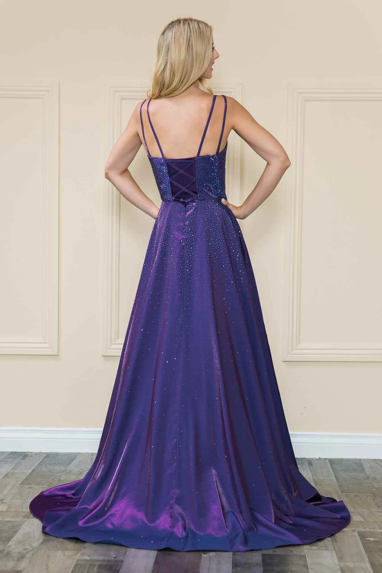 Poly USA 8922 Floor Length Spaghetti Strap Iridescent Rhinestones Dress