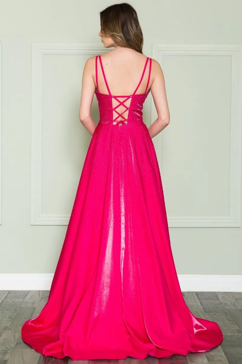 Poly USA 8922 Floor Length Spaghetti Strap Iridescent Rhinestones Dress