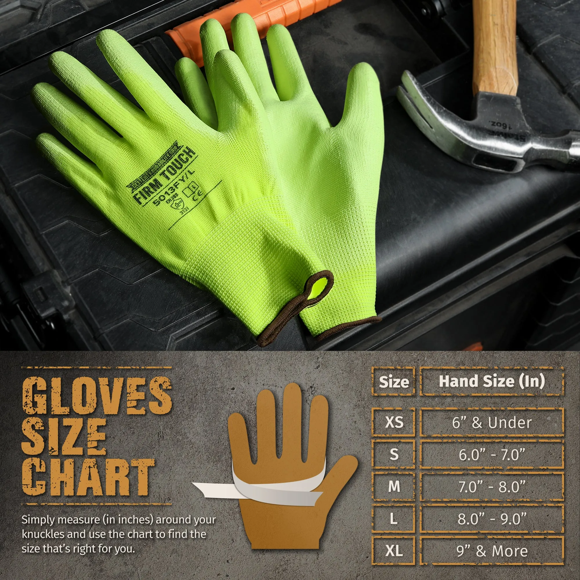 Polyurethane Coated Work Gloves - Hi-Viz Green - 1 Pair