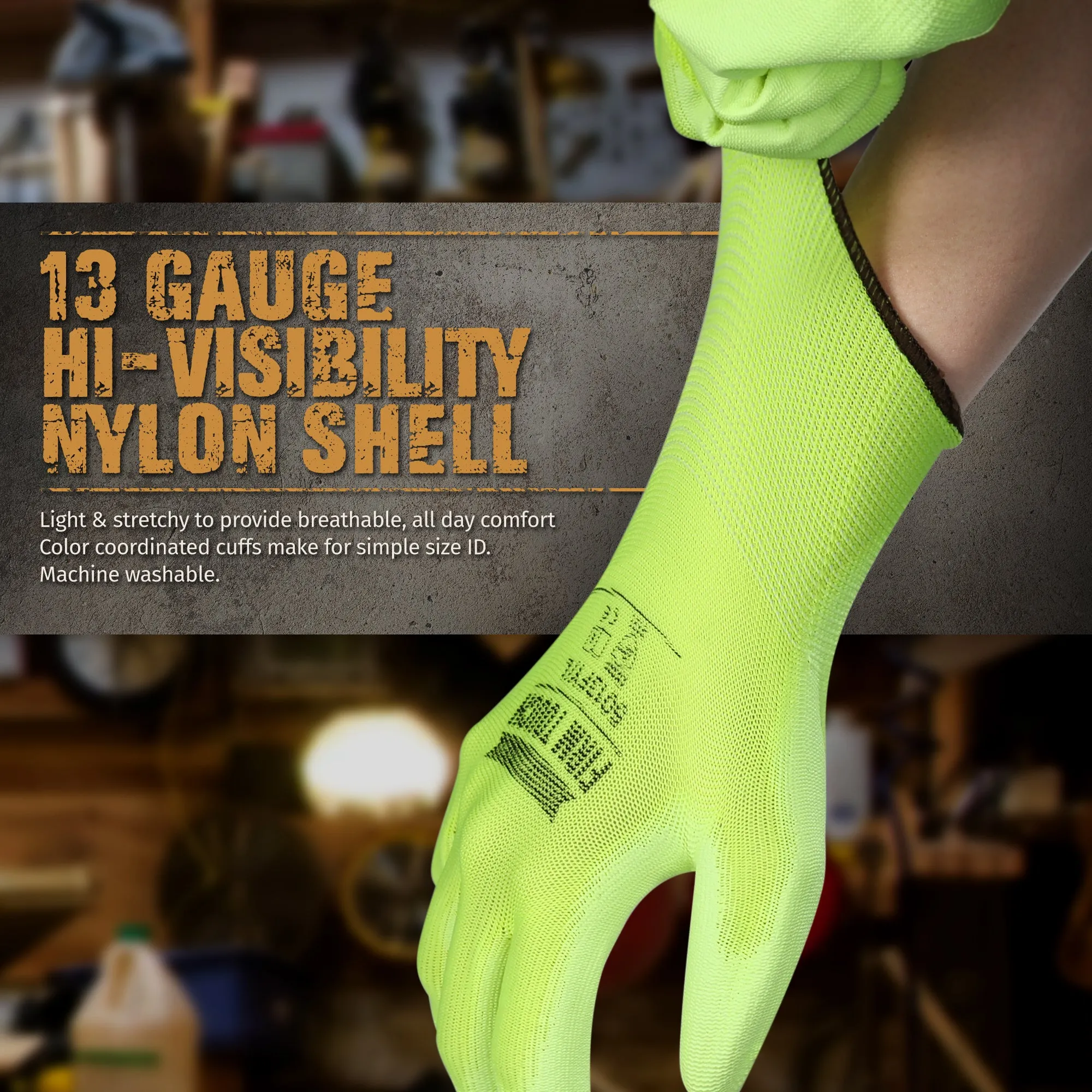 Polyurethane Coated Work Gloves - Hi-Viz Green - 1 Pair