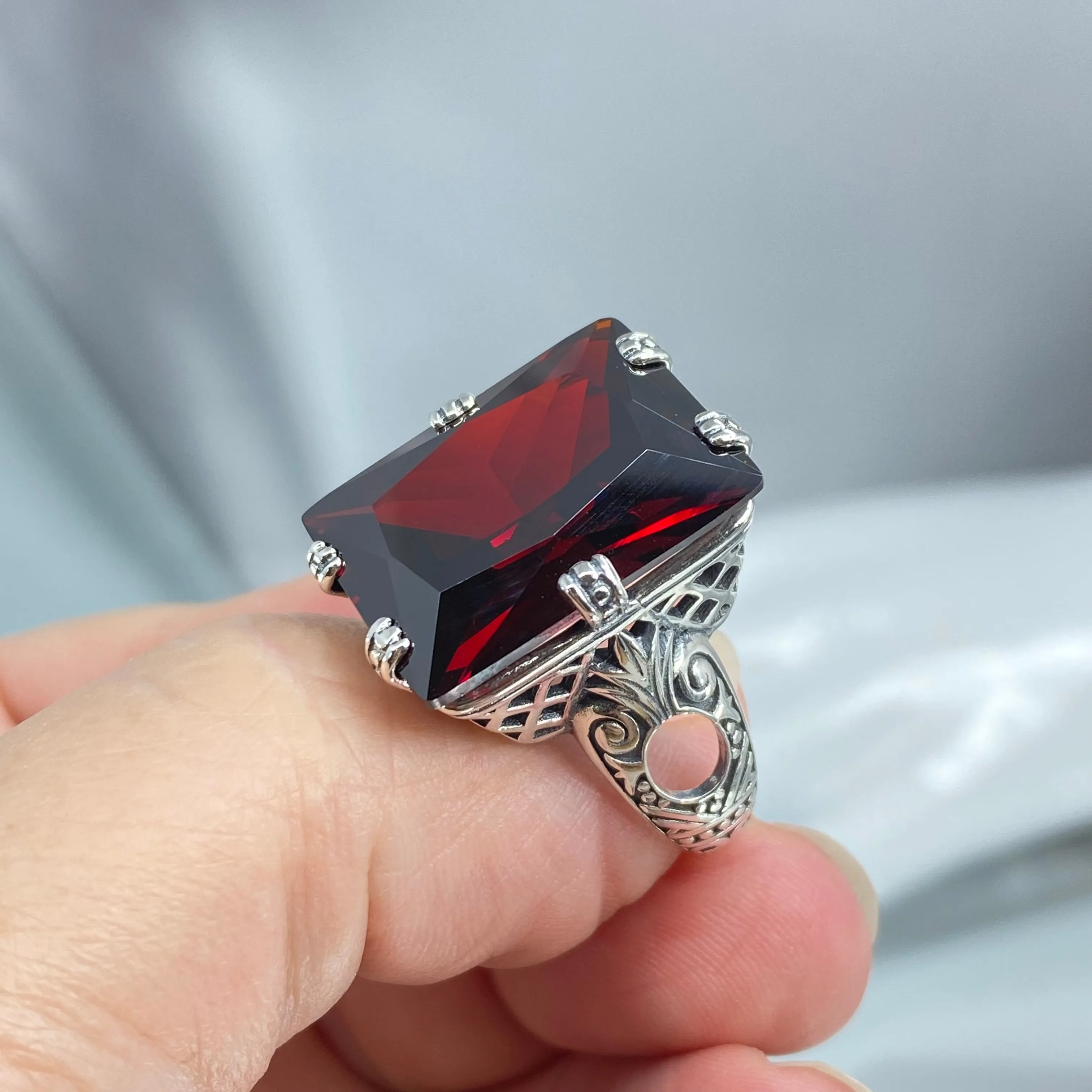 Red Garnet CZ Ring, 6 Prong Ring, 30ct Art Deco Ring, Vintage Jewelry #D104