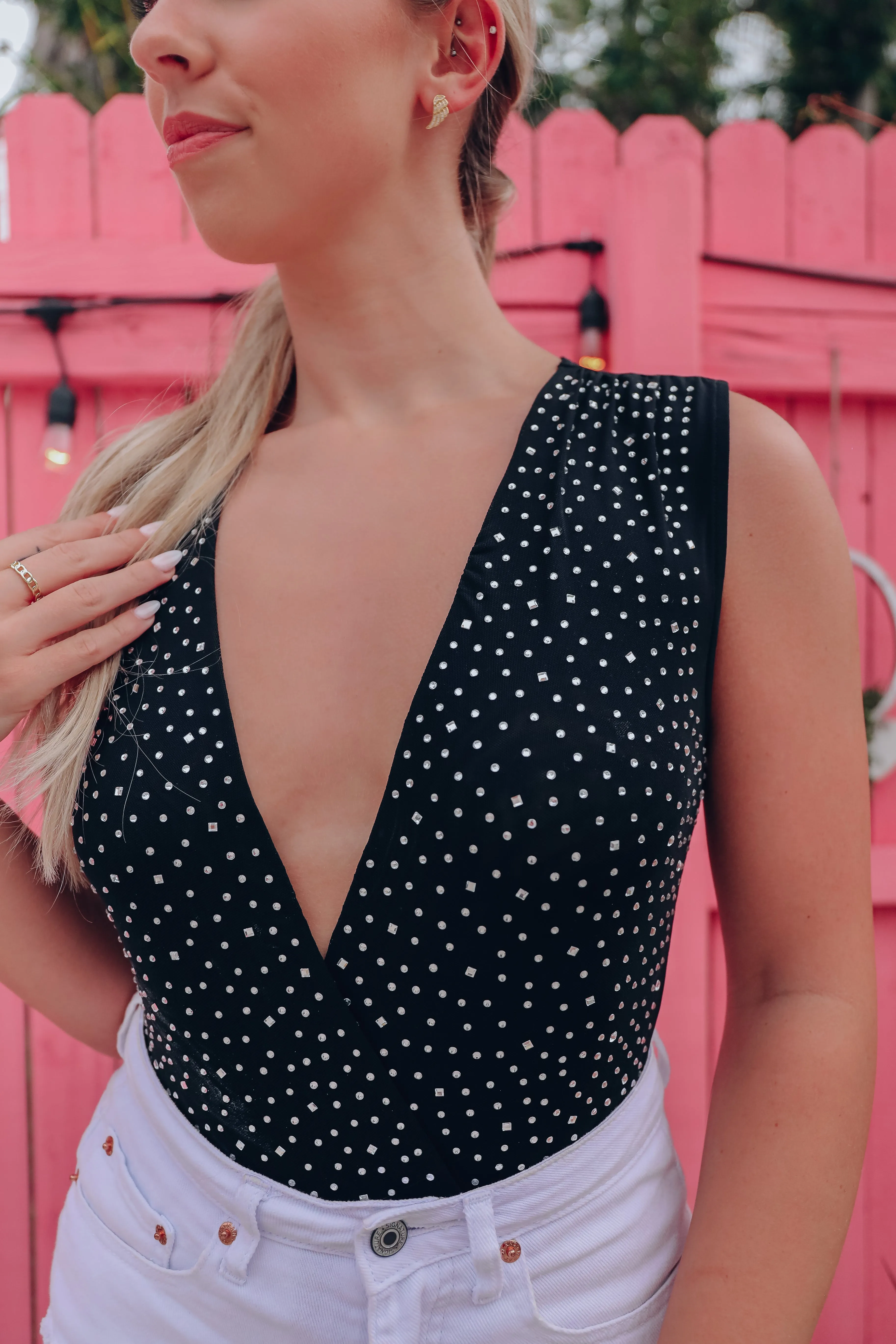 Regality Surplice Rhinestone Mesh Bodysuit - Black