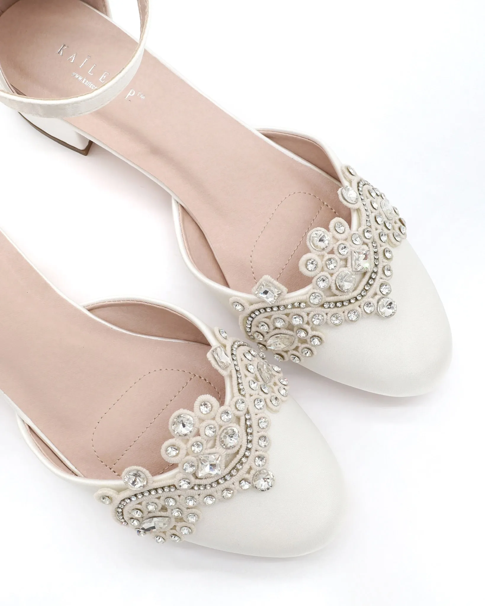 Round Toe Satin Block Heel with Small Rhinestones Applique