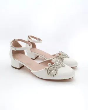 Round Toe Satin Block Heel with Small Rhinestones Applique