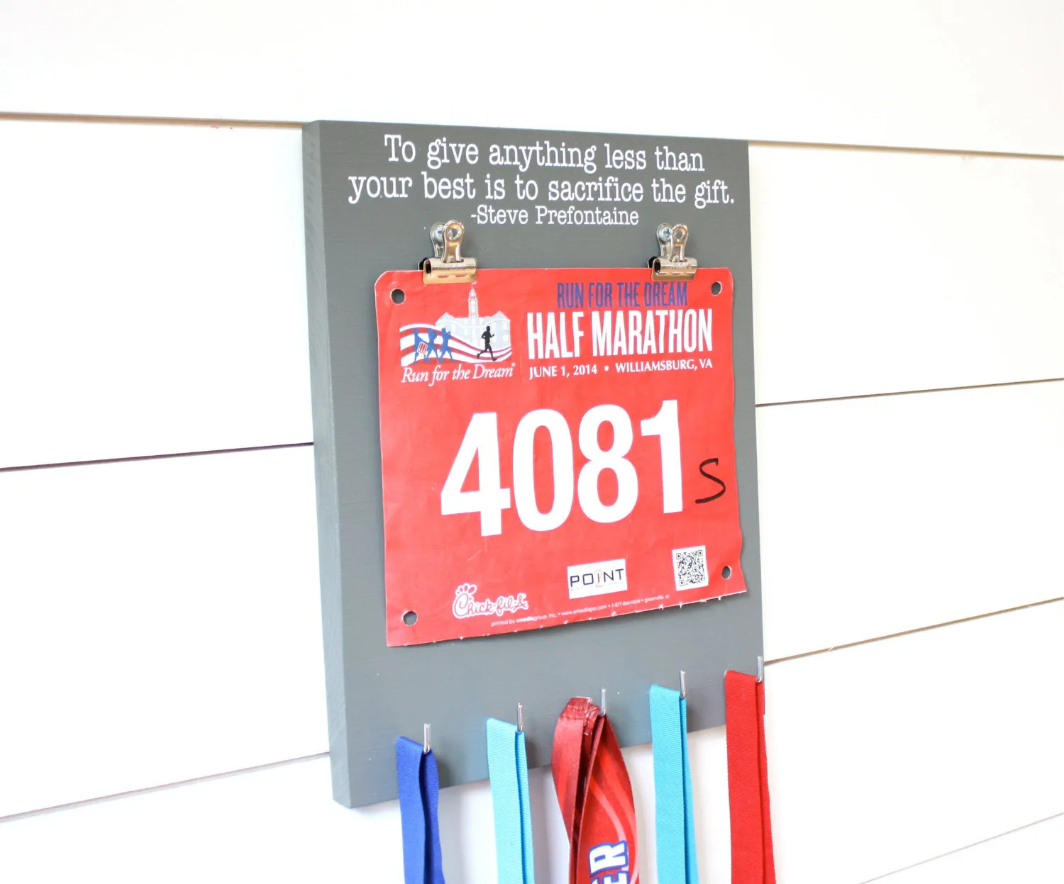 Running Race Bib & Medal Display - To give anything less than your best is to sacrifice the gift. - Steve Prefontaine quote