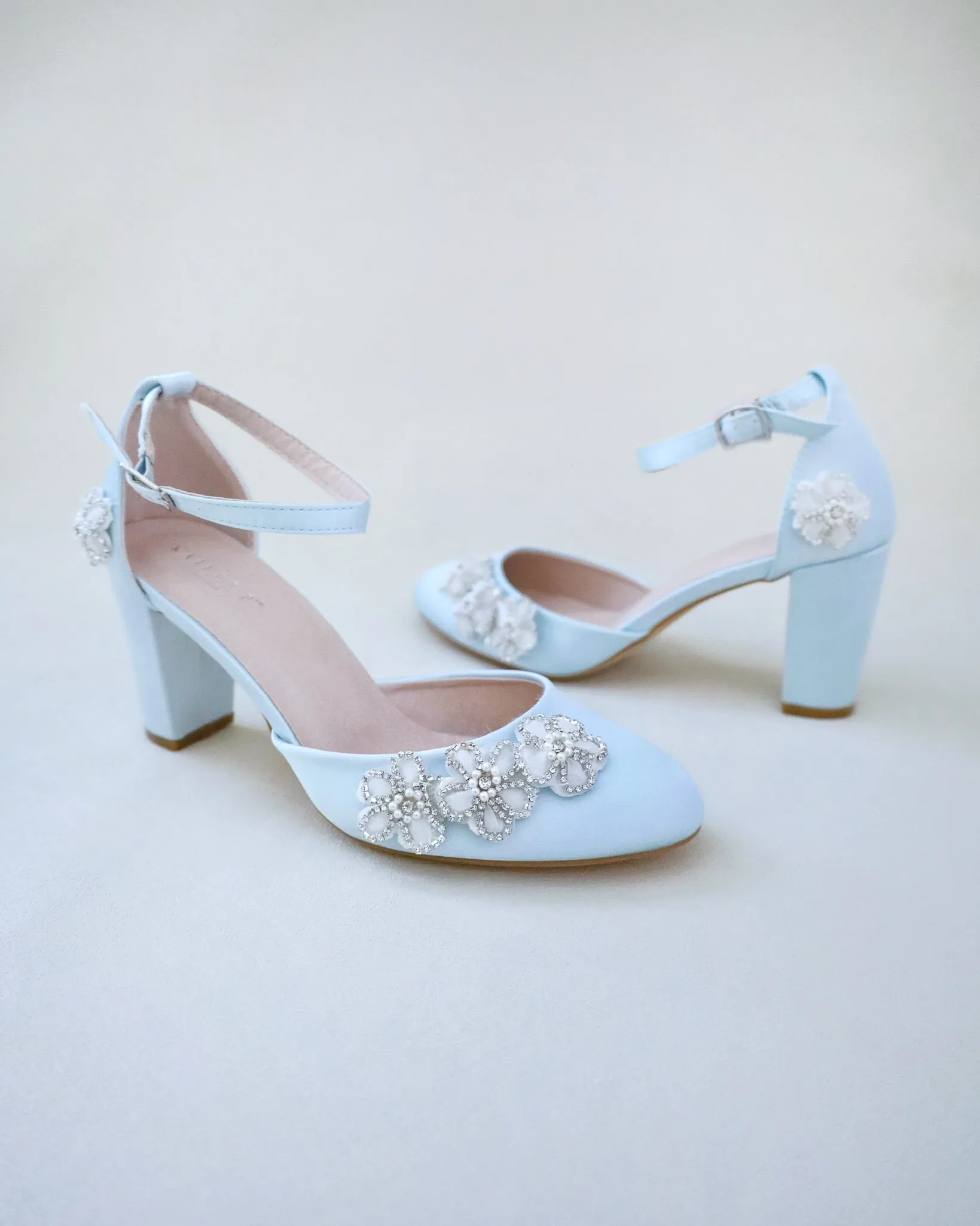 Satin Wedding Block Heel with Rhinestones Chassia Flower