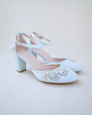 Satin Wedding Block Heel with Rhinestones Chassia Flower