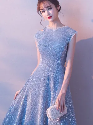 Sexy Cap Sleeve Light Blue Sparkly Homecoming Dress Tea Length Short Prom ,Party Dress HTB4523