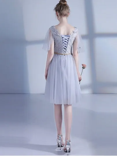 Silver Cap Sleeves Scoop Homecoming Dress
