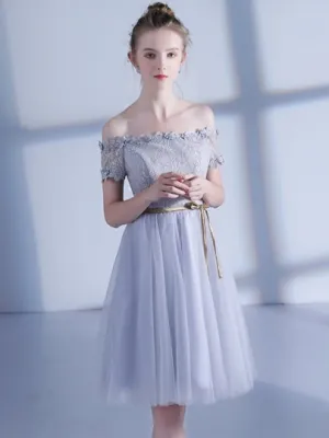 Silver Lace Flowers Appliques Sashes Homecoming Dress