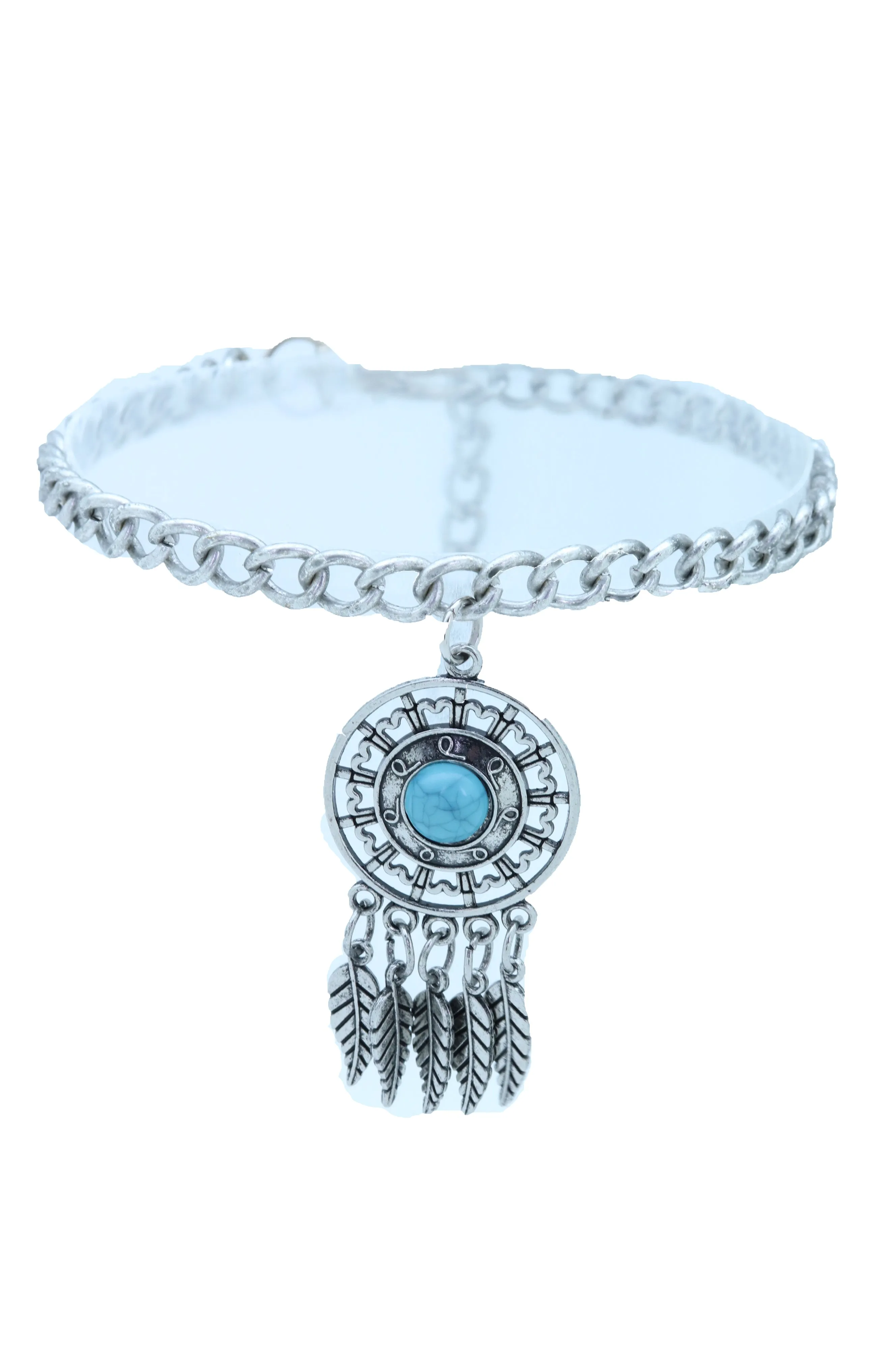 Silver Metal Chain Boot Bracelet Ethnic Shoe Feather Charm Turquoise Blue